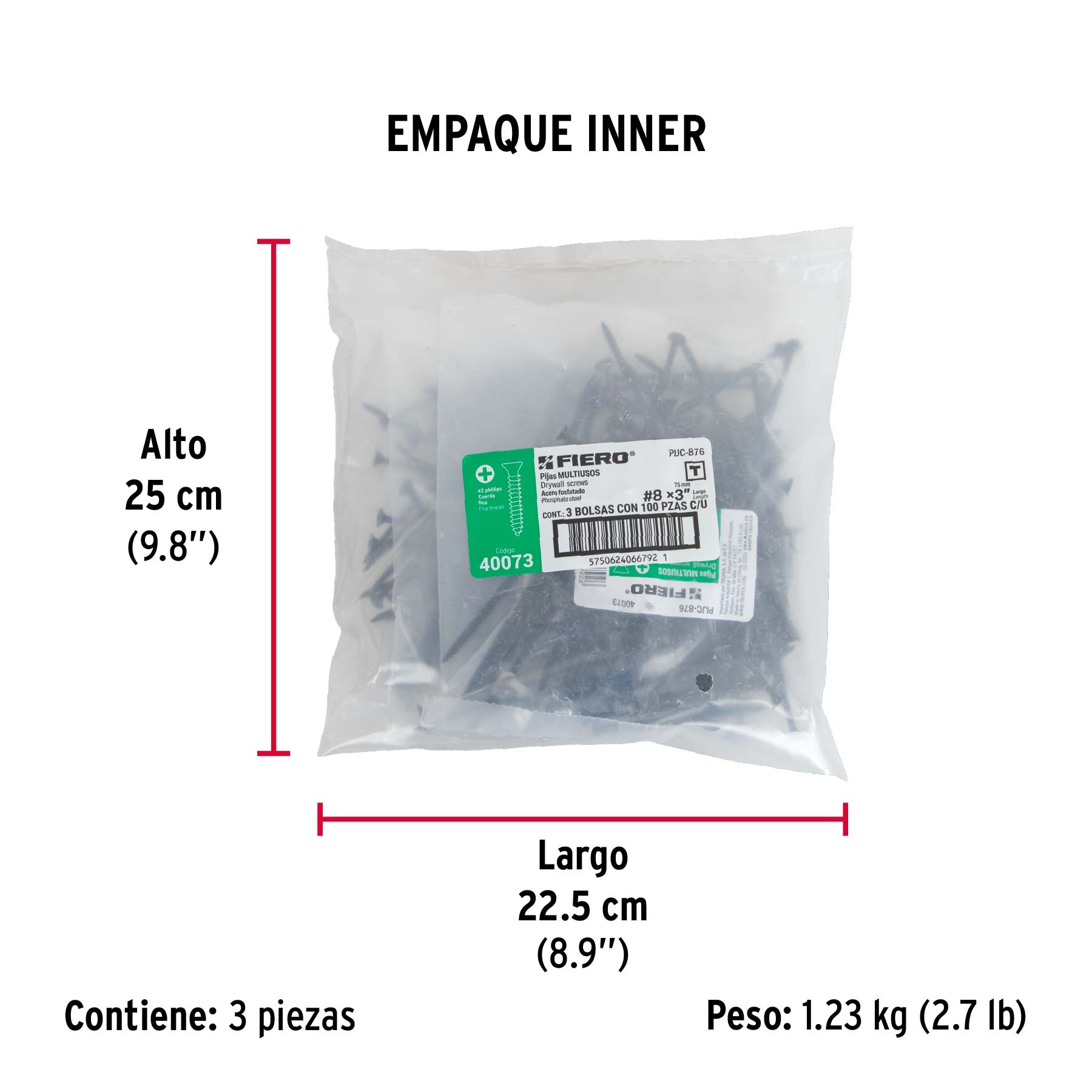 100 pijas 8 x 3"cabeza plana phillips multiusos cuerda fina - Empaque