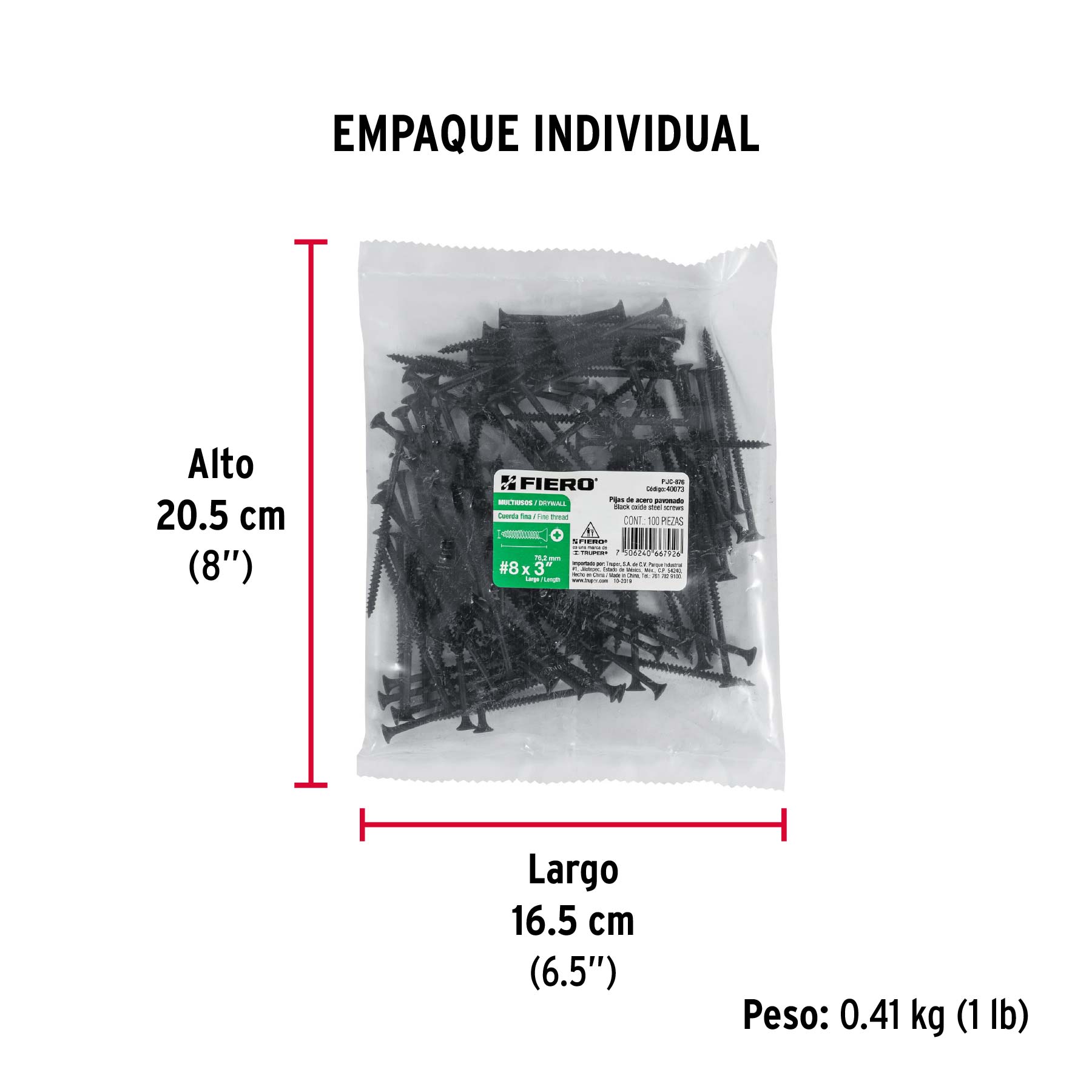 100 pijas 8 x 3"cabeza plana phillips multiusos cuerda fina - Empaque