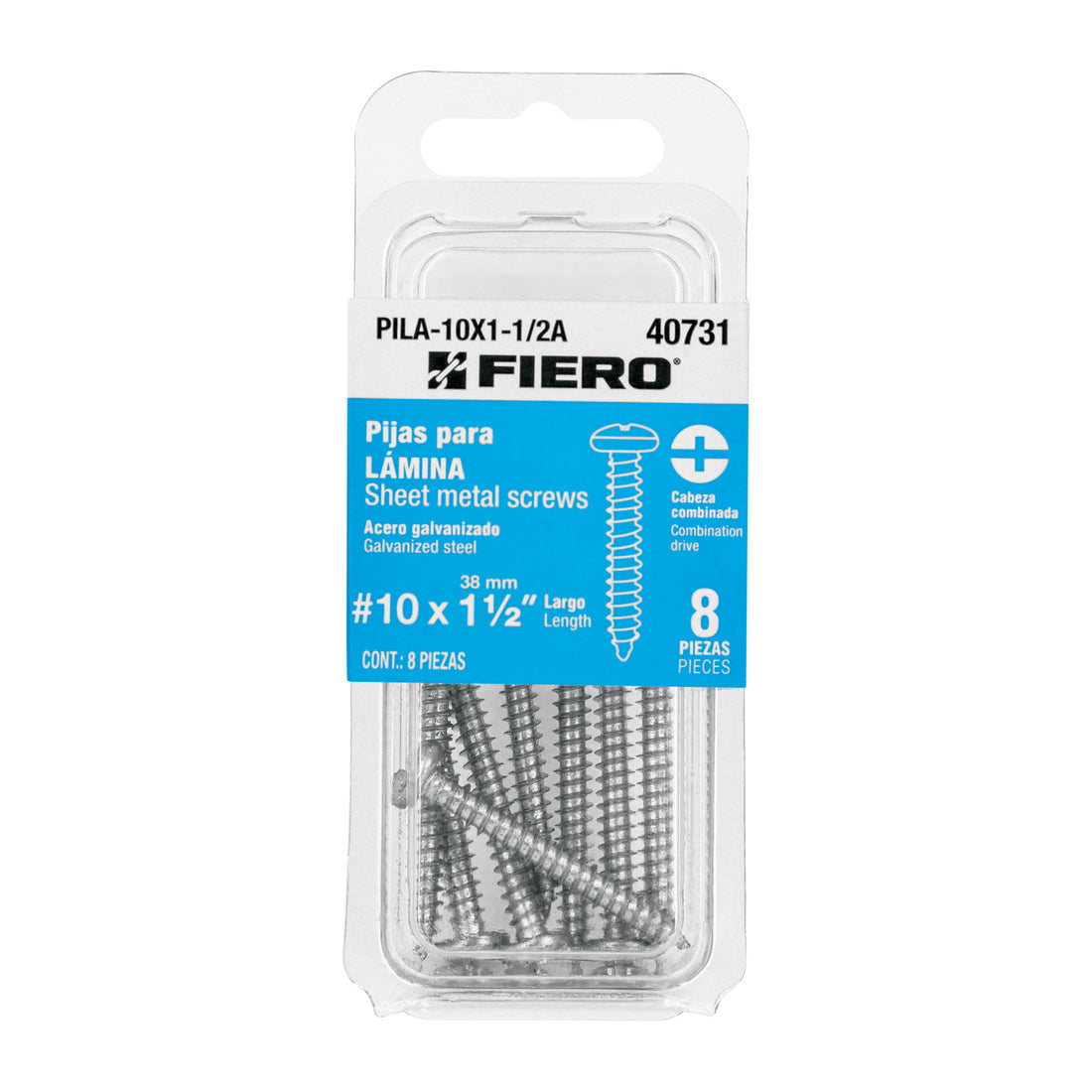 Blíster con 8 pijas para lámina, #10 x 1-1/2", FIERO