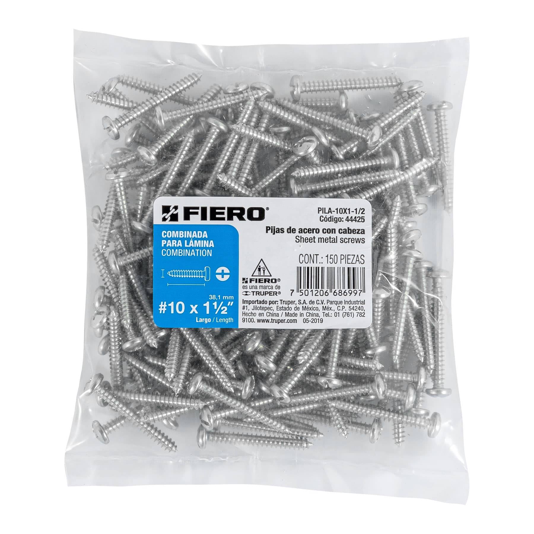 Bolsa con 150 pijas para lámina, #10 x 1-1/2", FIERO