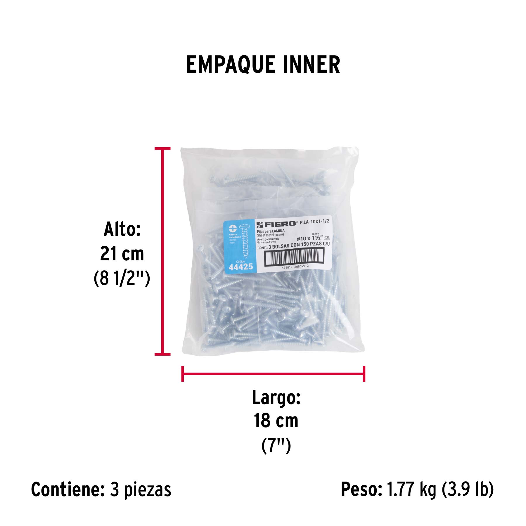 Bolsa con 150 pijas para lámina, #10 x 1-1/2", FIERO - Empaque