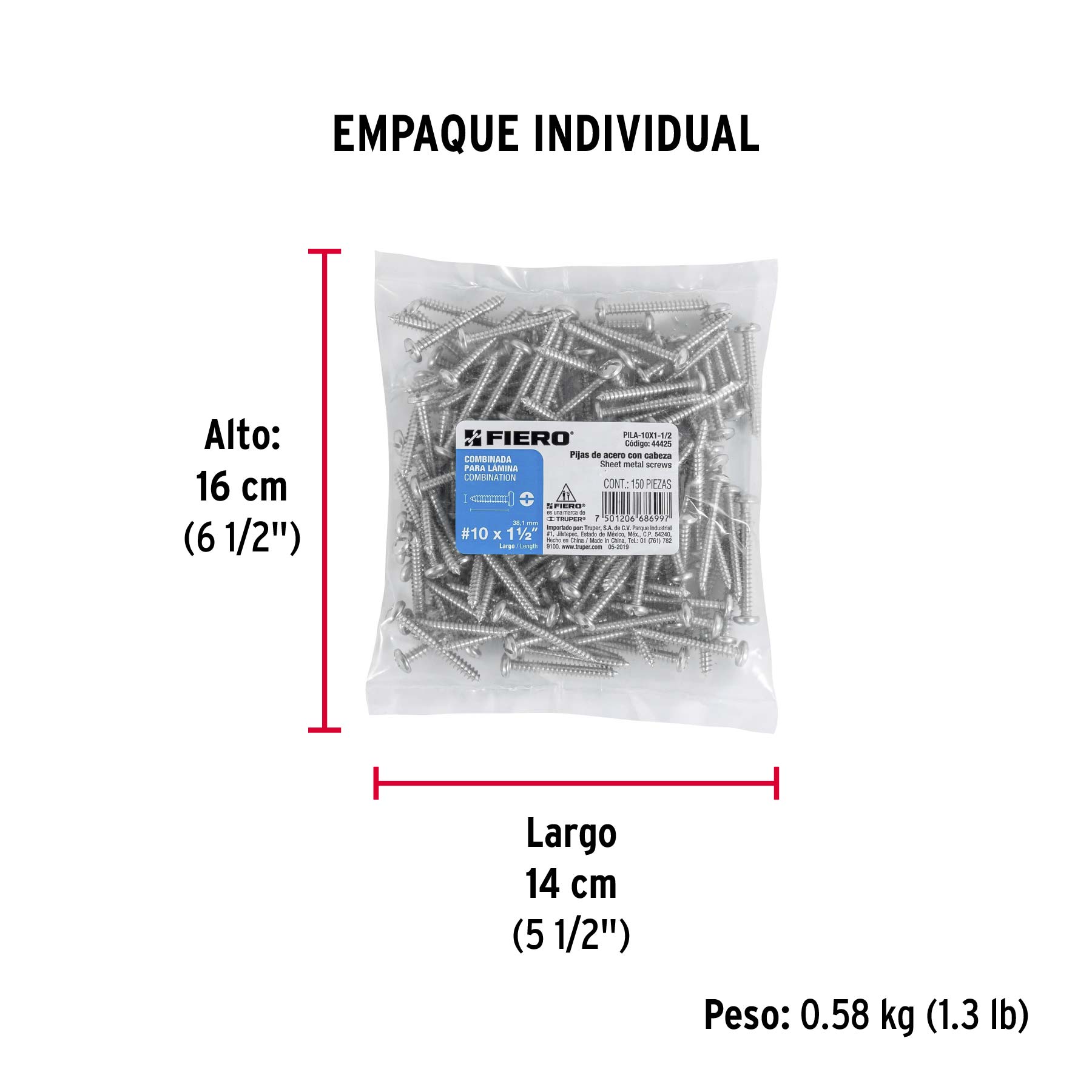 Bolsa con 150 pijas para lámina, #10 x 1-1/2", FIERO - Empaque