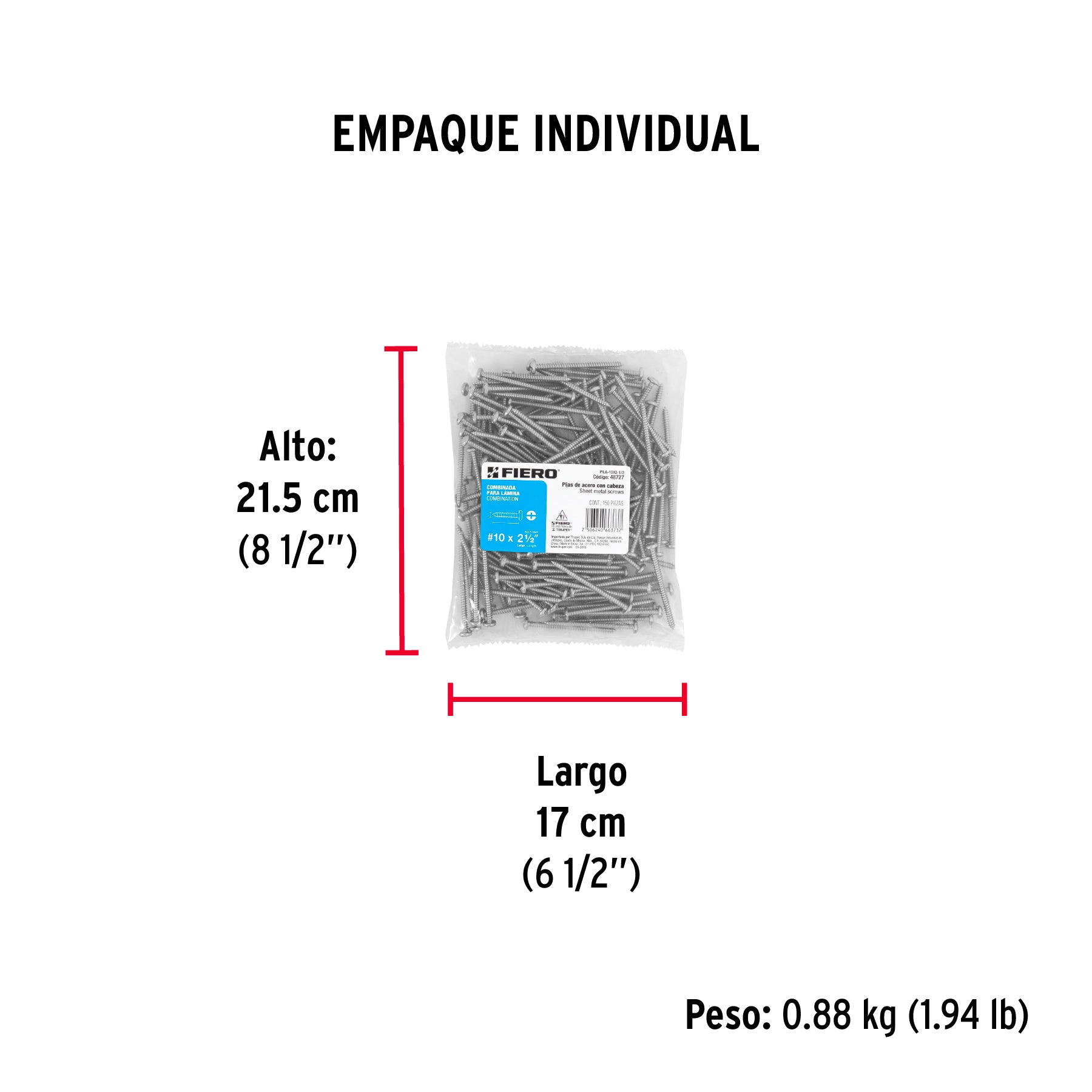 Bolsa con 150 pijas para lámina, #10 x 2-1/2", FIERO - Empaque