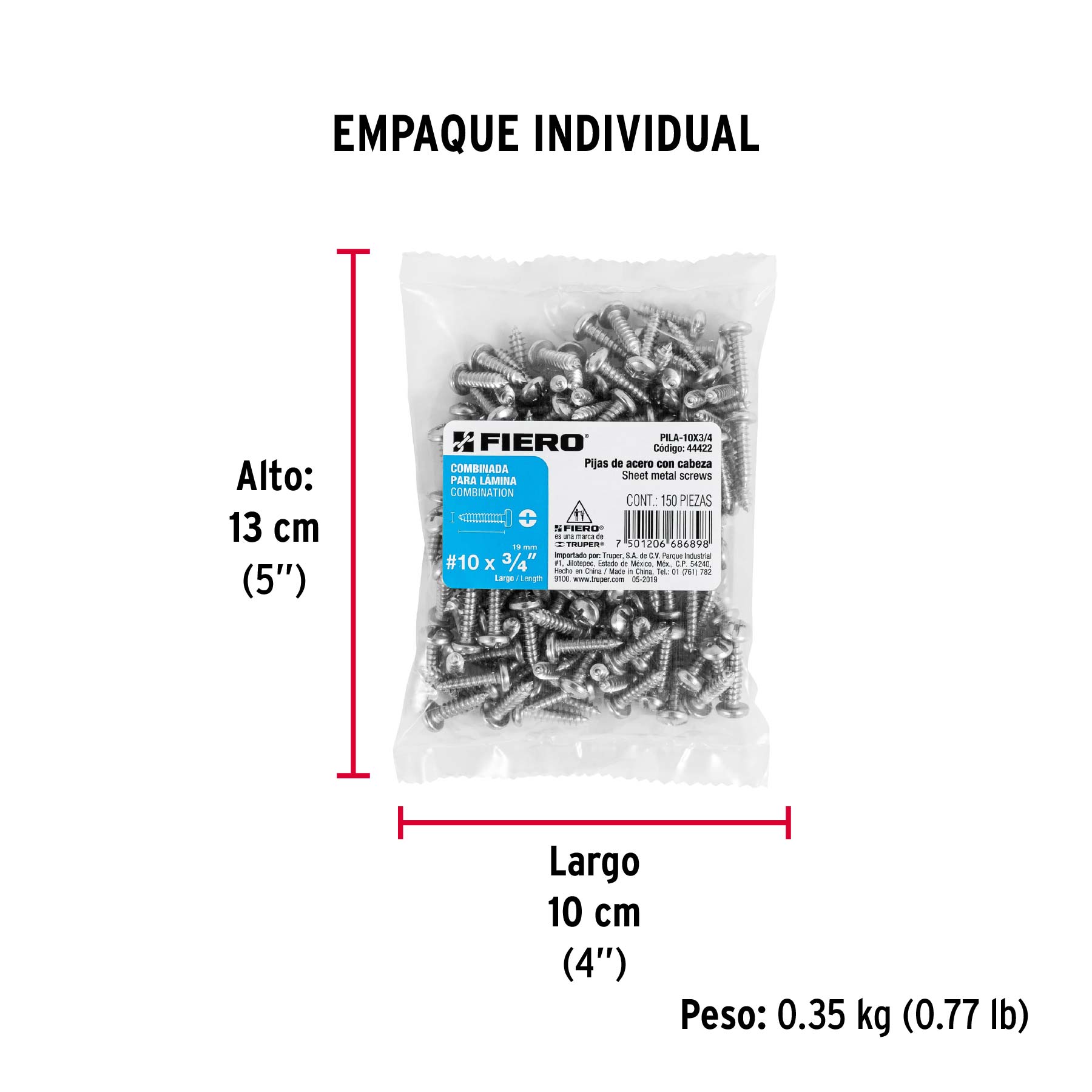 Bolsa con 150 pijas para lámina, #10 x 3/4", FIERO - Empaque