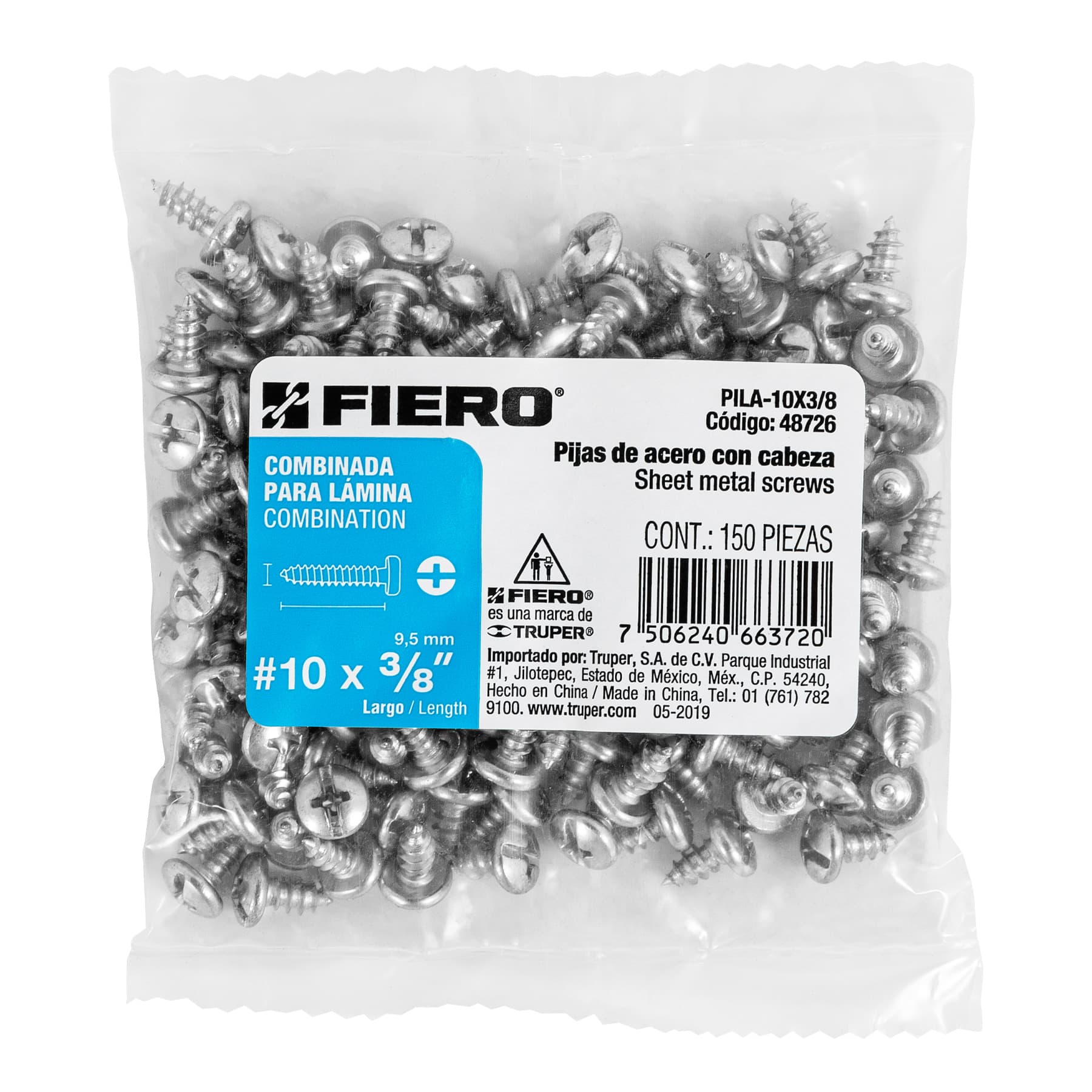 Bolsa con 150 pijas para lámina, #10 x 3/8", FIERO