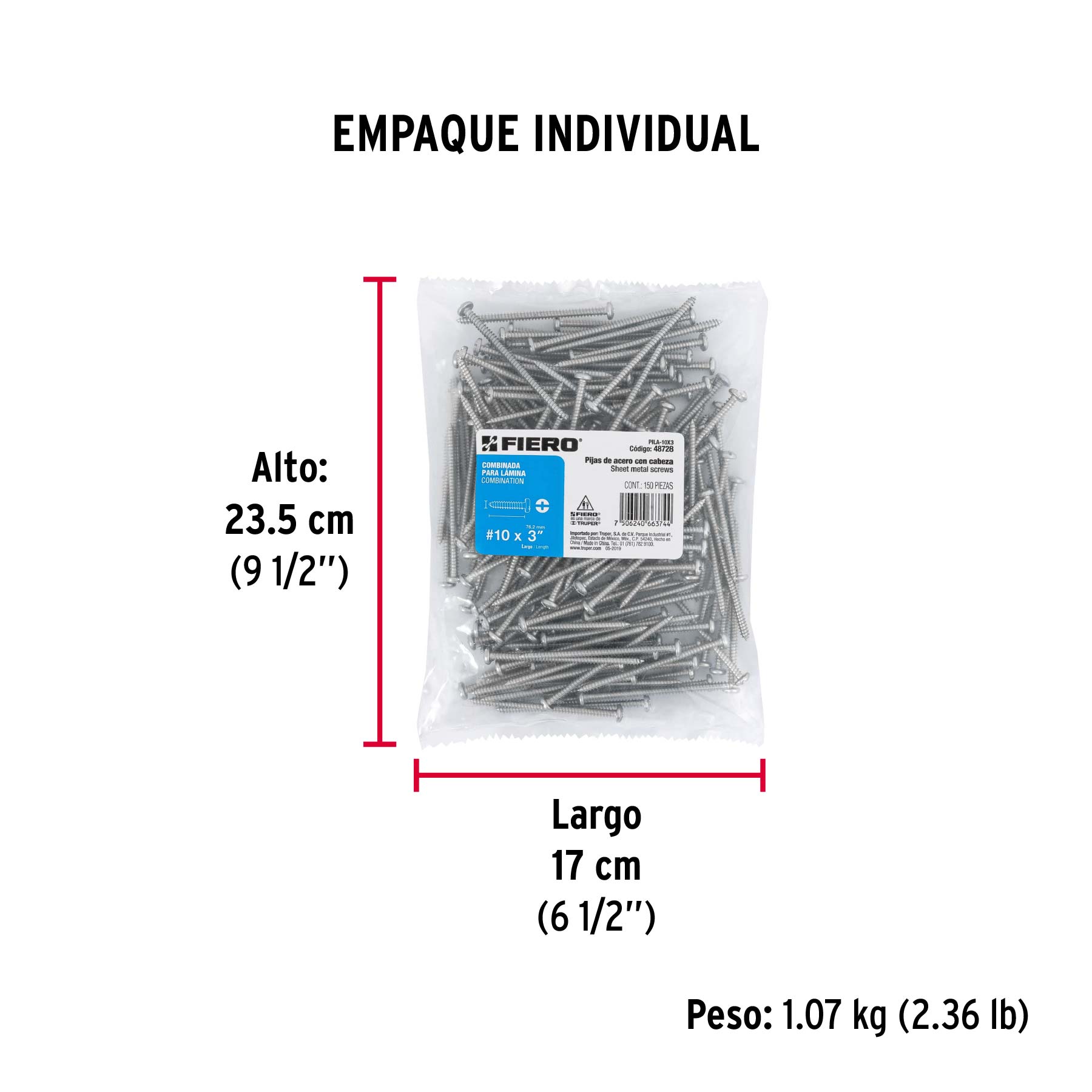 Bolsa con 150 pijas para lámina, #10 x 3", FIERO - Empaque