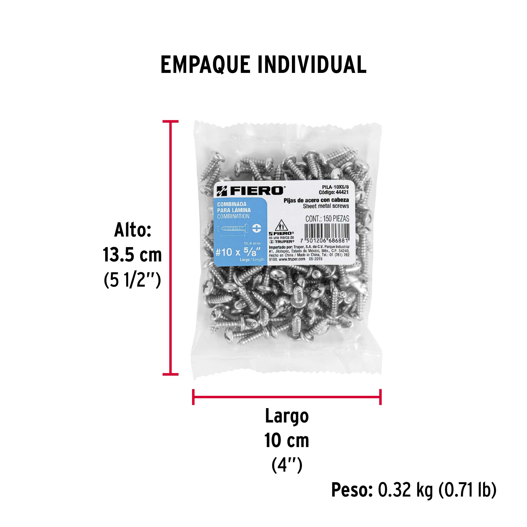 Bolsa con 150 pijas para lámina, #10 x 5/8", FIERO - Empaque