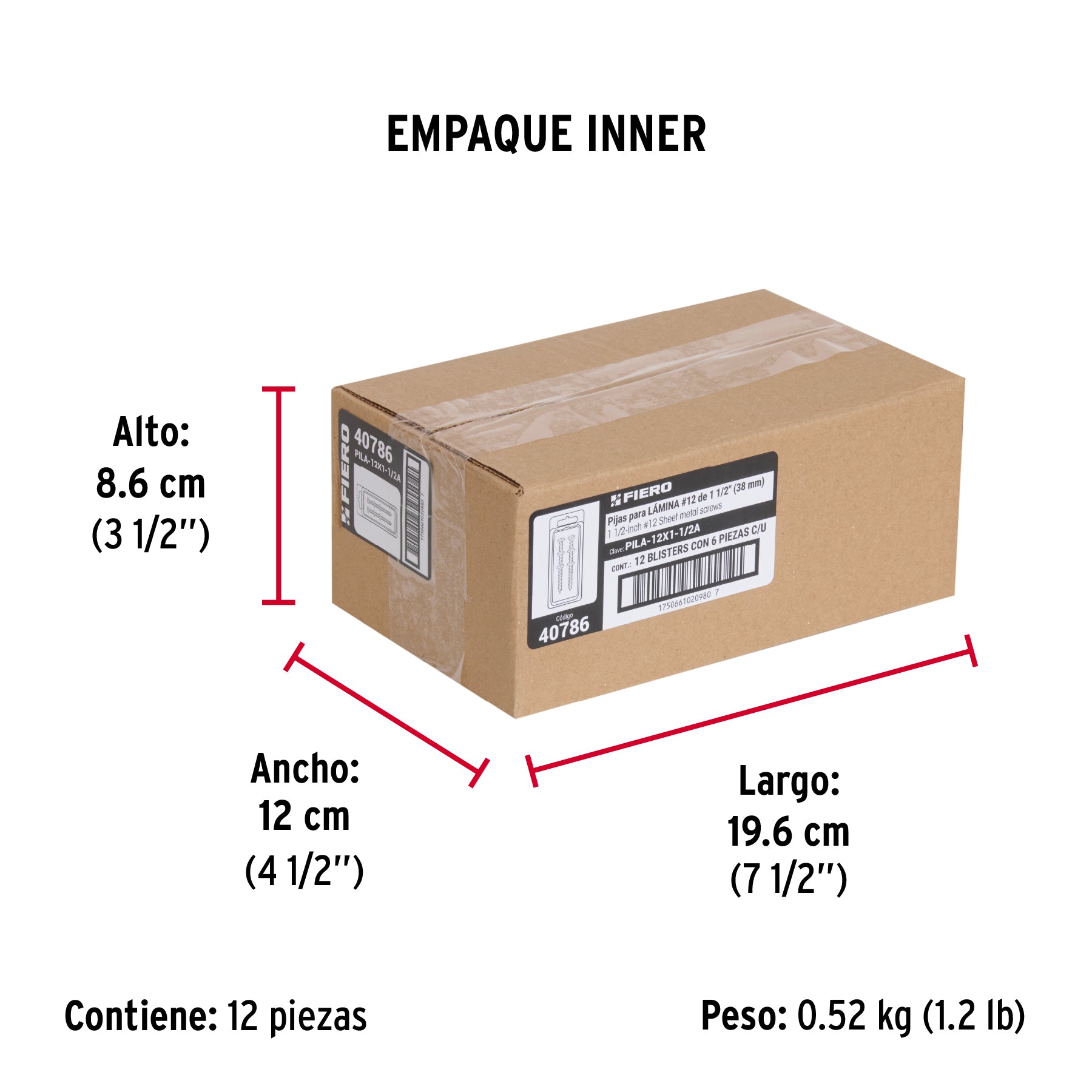 Blíster con 6 pijas para lámina, #12 x 1-1/2", FIERO - Empaque