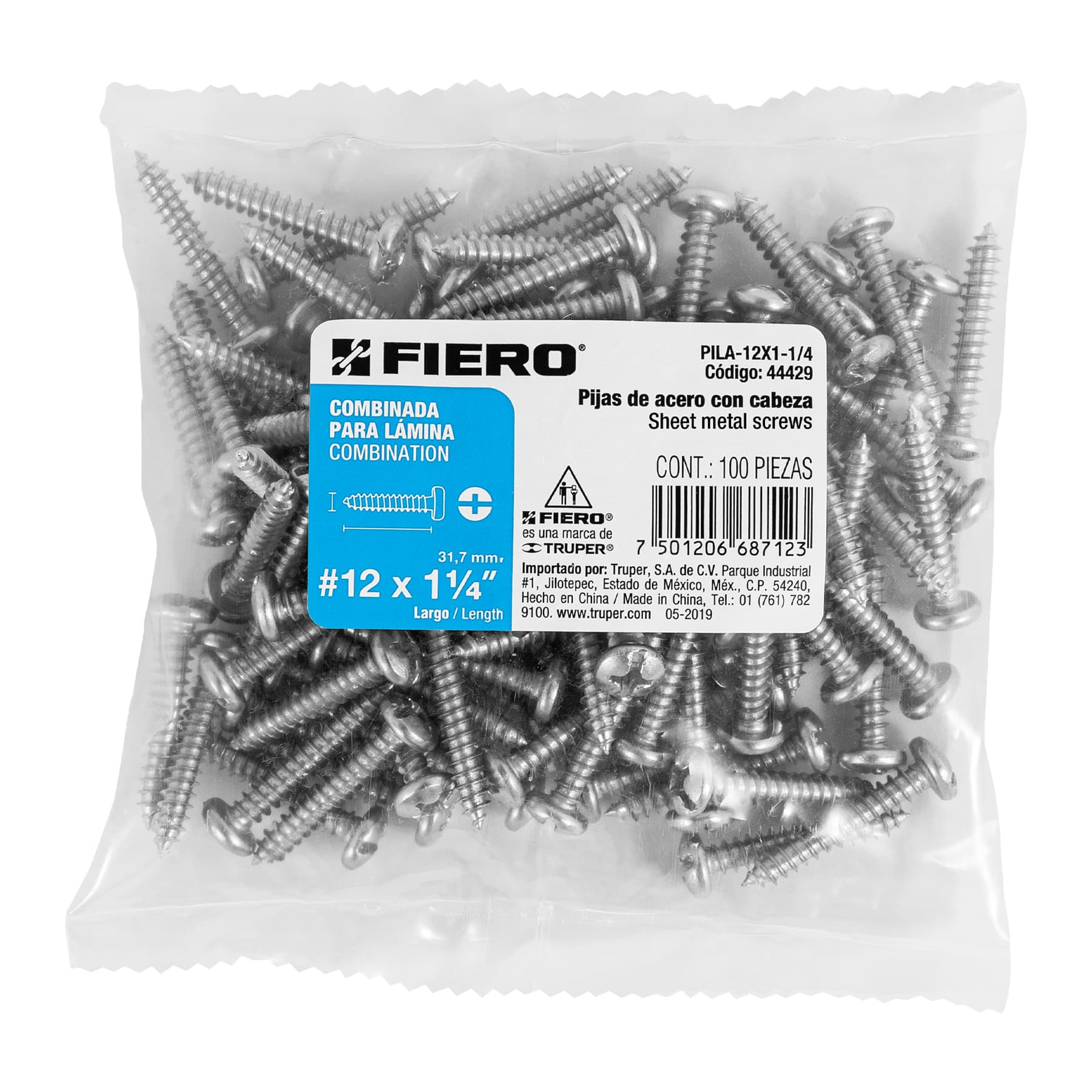 Bolsa con 100 pijas para lámina, #12 x 1-1/4", FIERO