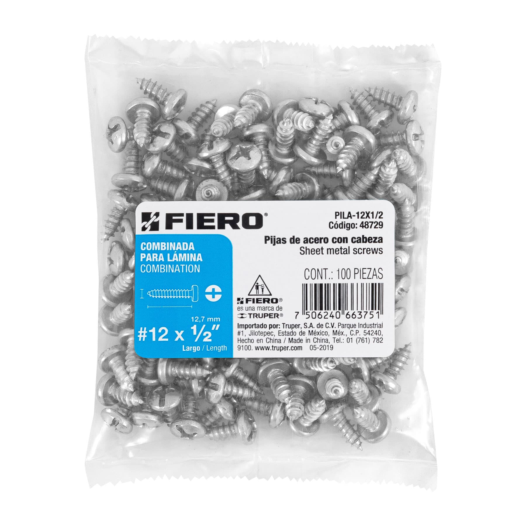 Bolsa con 100 pijas para lámina, #12 x 1/2", FIERO