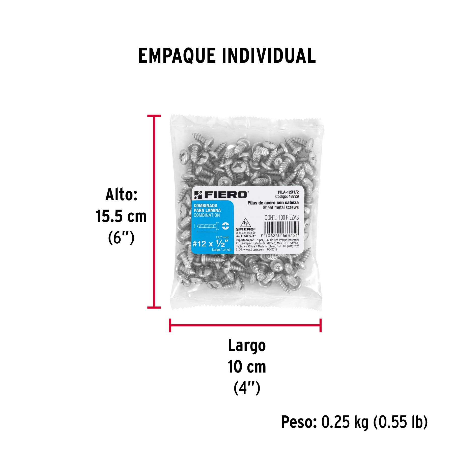 Bolsa con 100 pijas para lámina, #12 x 1/2", FIERO - Empaque