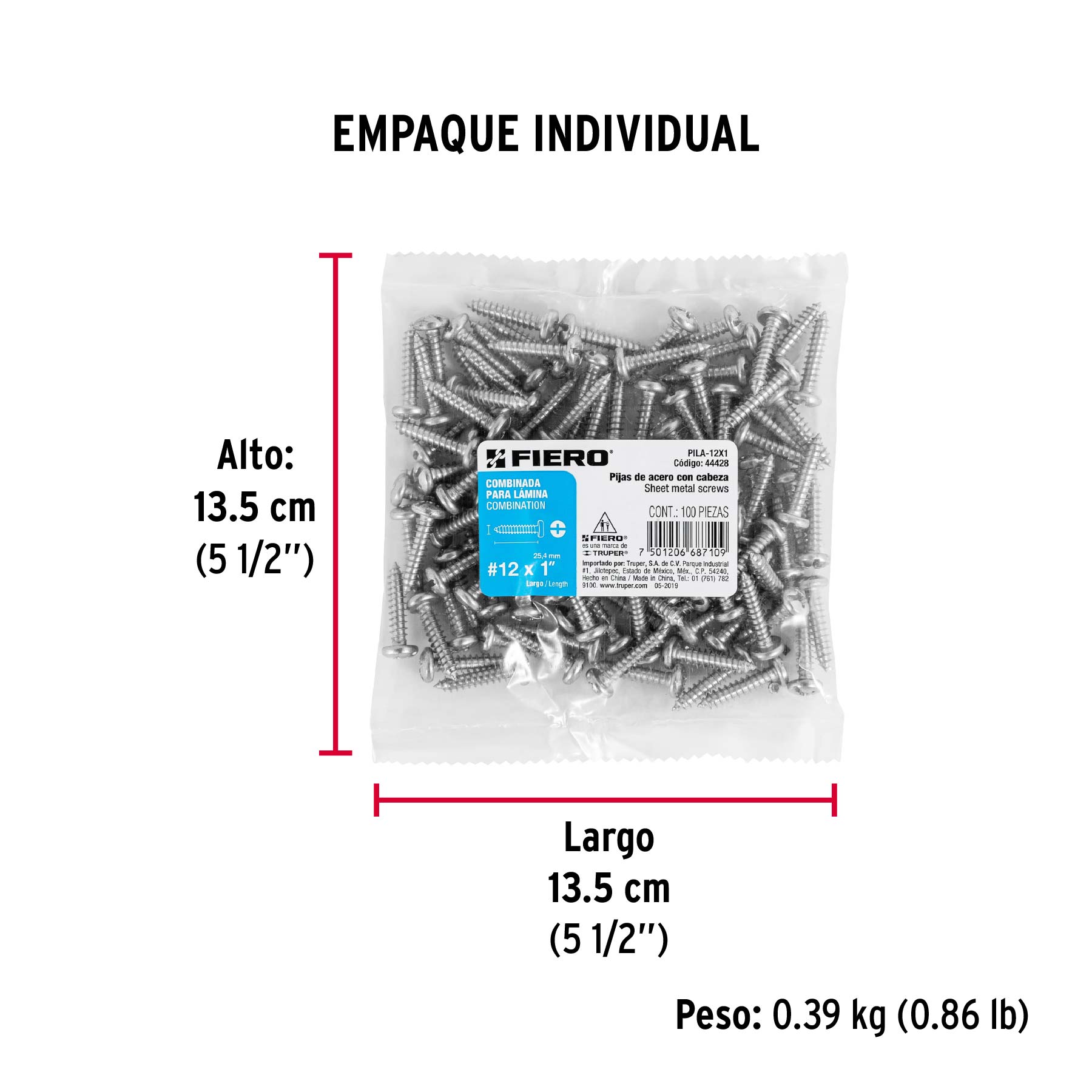 Bolsa con 100 pijas para lámina, #12 x 1", FIERO - Empaque