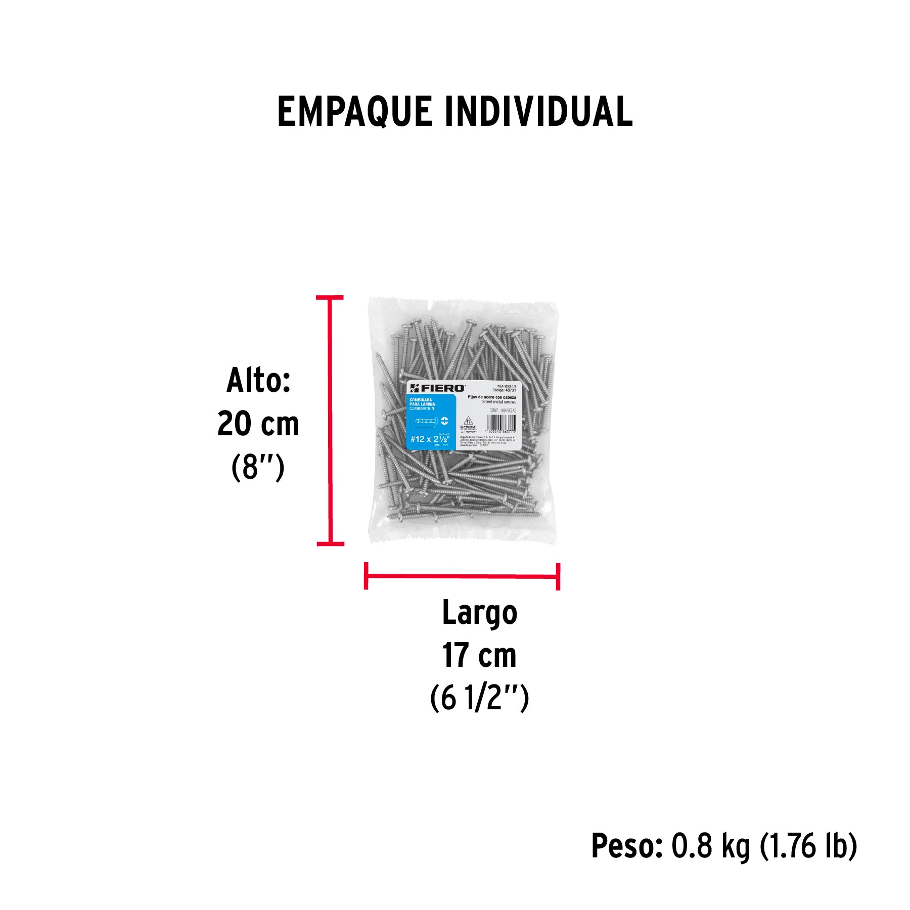 Bolsa con 100 pijas para lámina, #12 x 2-1/2", FIERO - Empaque