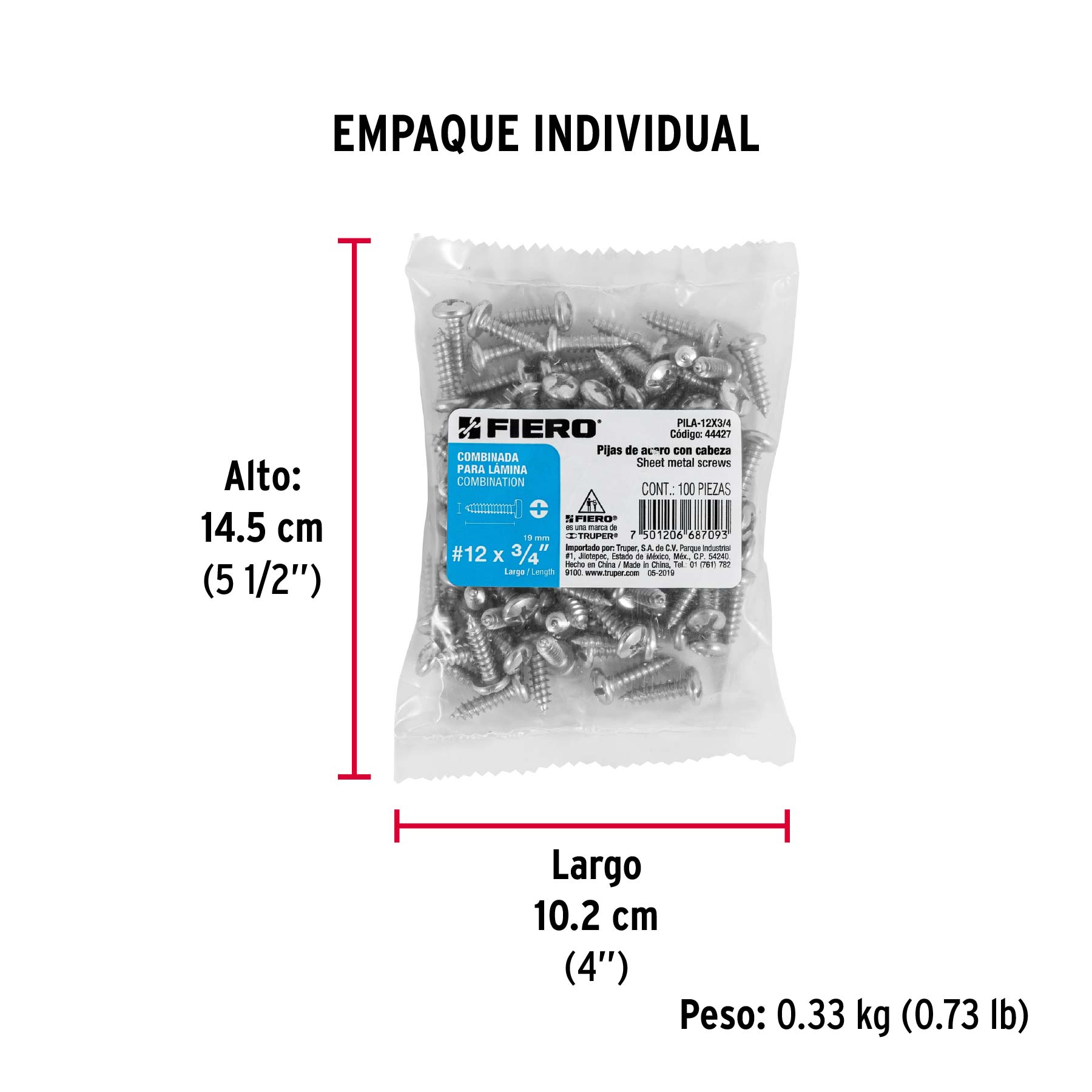 Bolsa con 100 pijas para lámina, #12 x 3/4", FIERO - Empaque