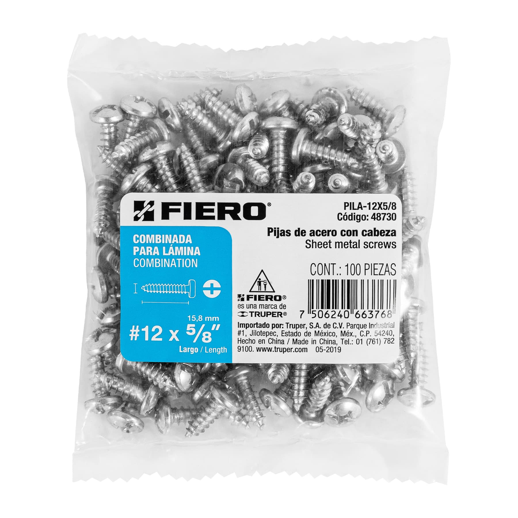 Bolsa con 100 pijas para lámina, #12 x 5/8", FIERO