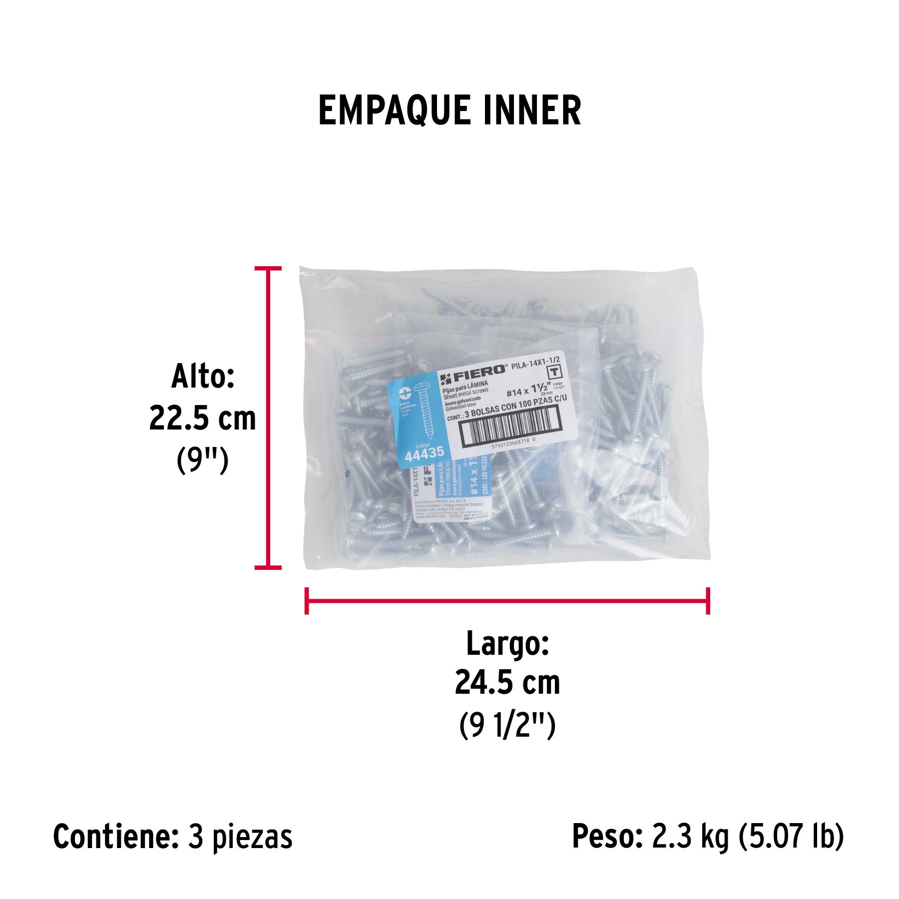 Bolsa con 100 pijas para lámina, #14 x 1-1/2", FIERO - Empaque