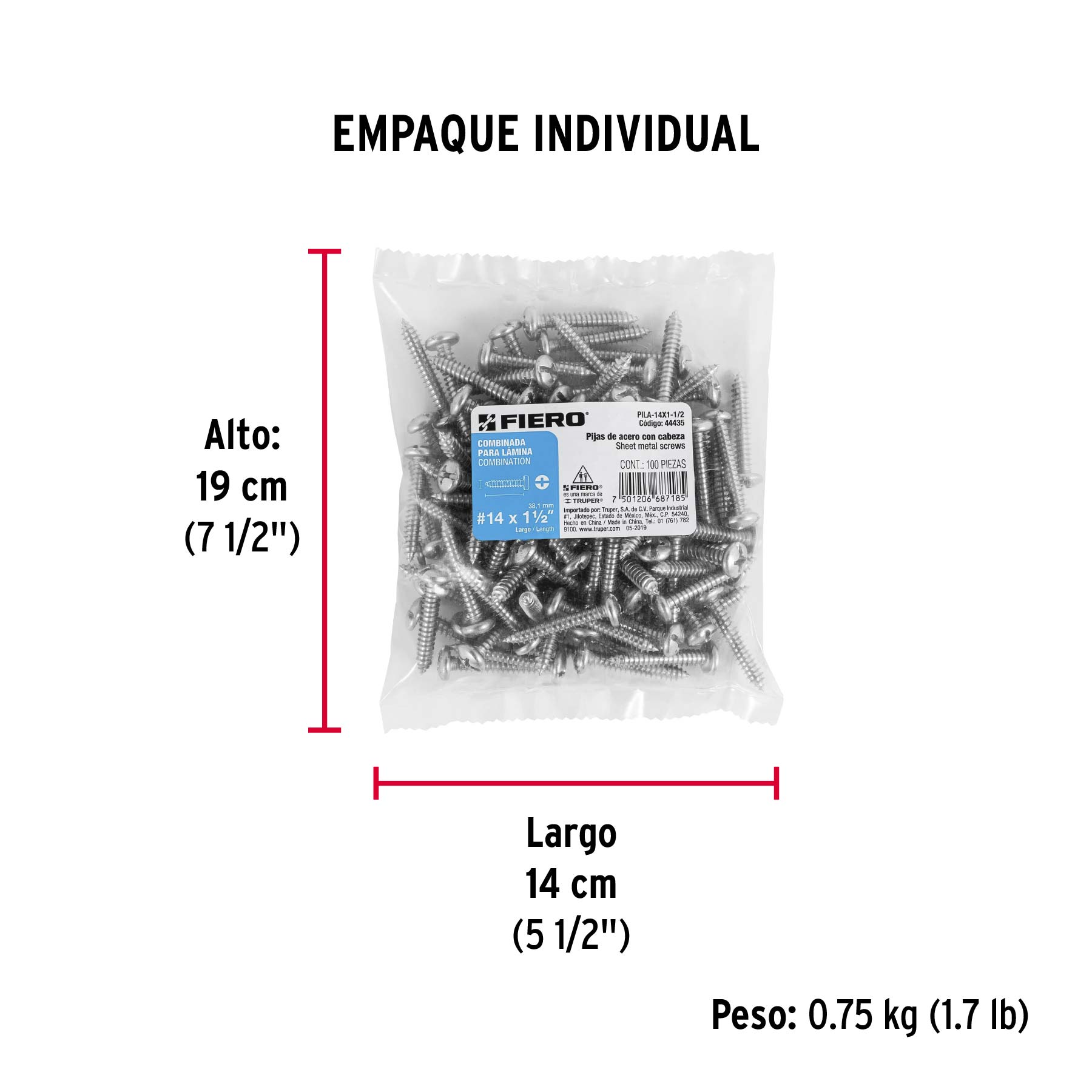 Bolsa con 100 pijas para lámina, #14 x 1-1/2", FIERO - Empaque