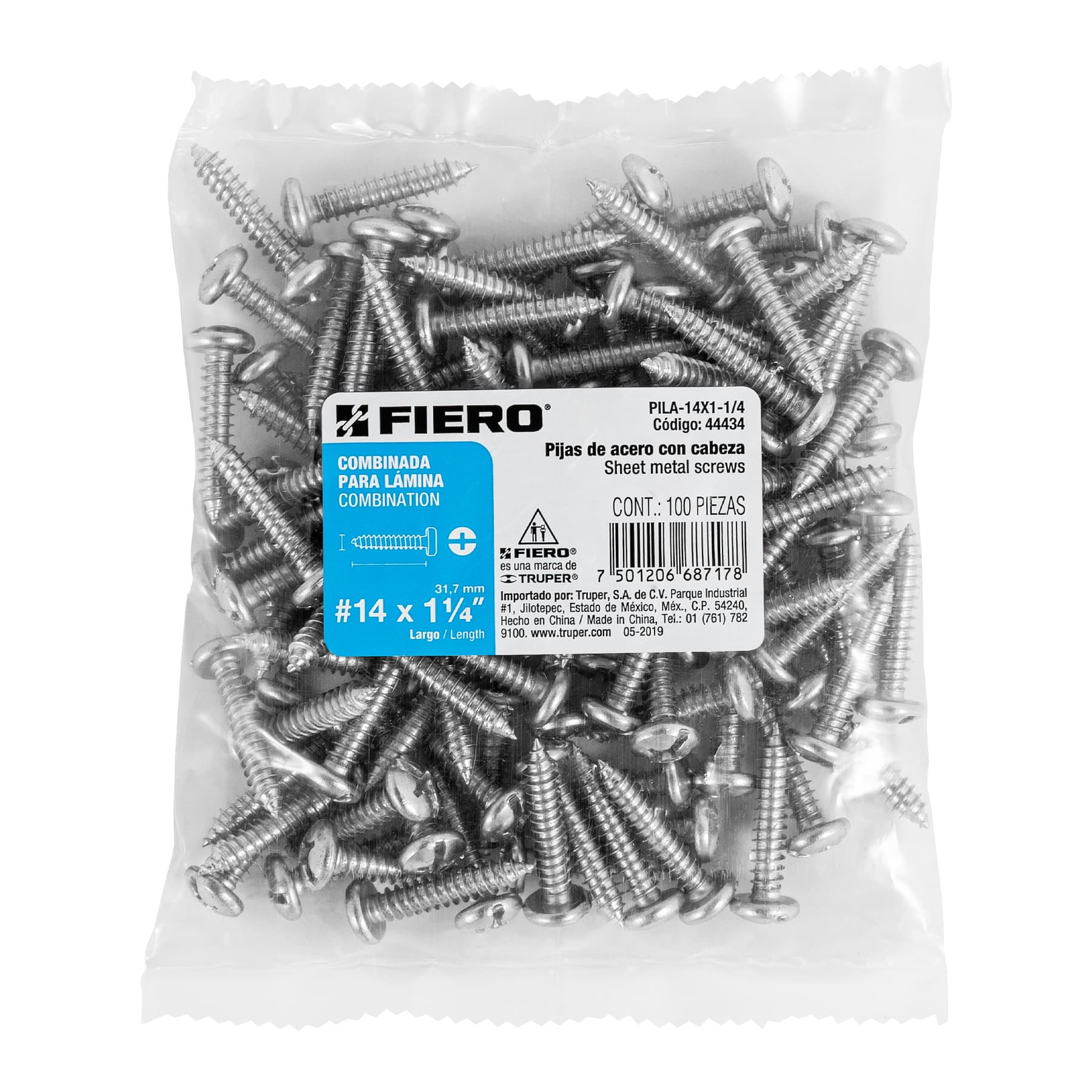 Bolsa con 100 pijas para lámina, #14 x 1-1/4", FIERO