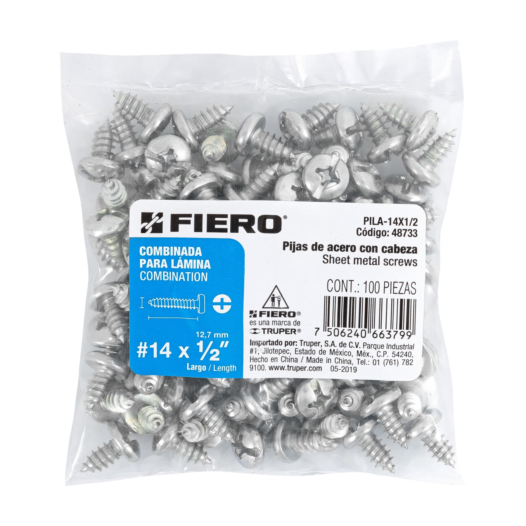 Bolsa con 100 pijas para lámina, #14 x 1/2", FIERO