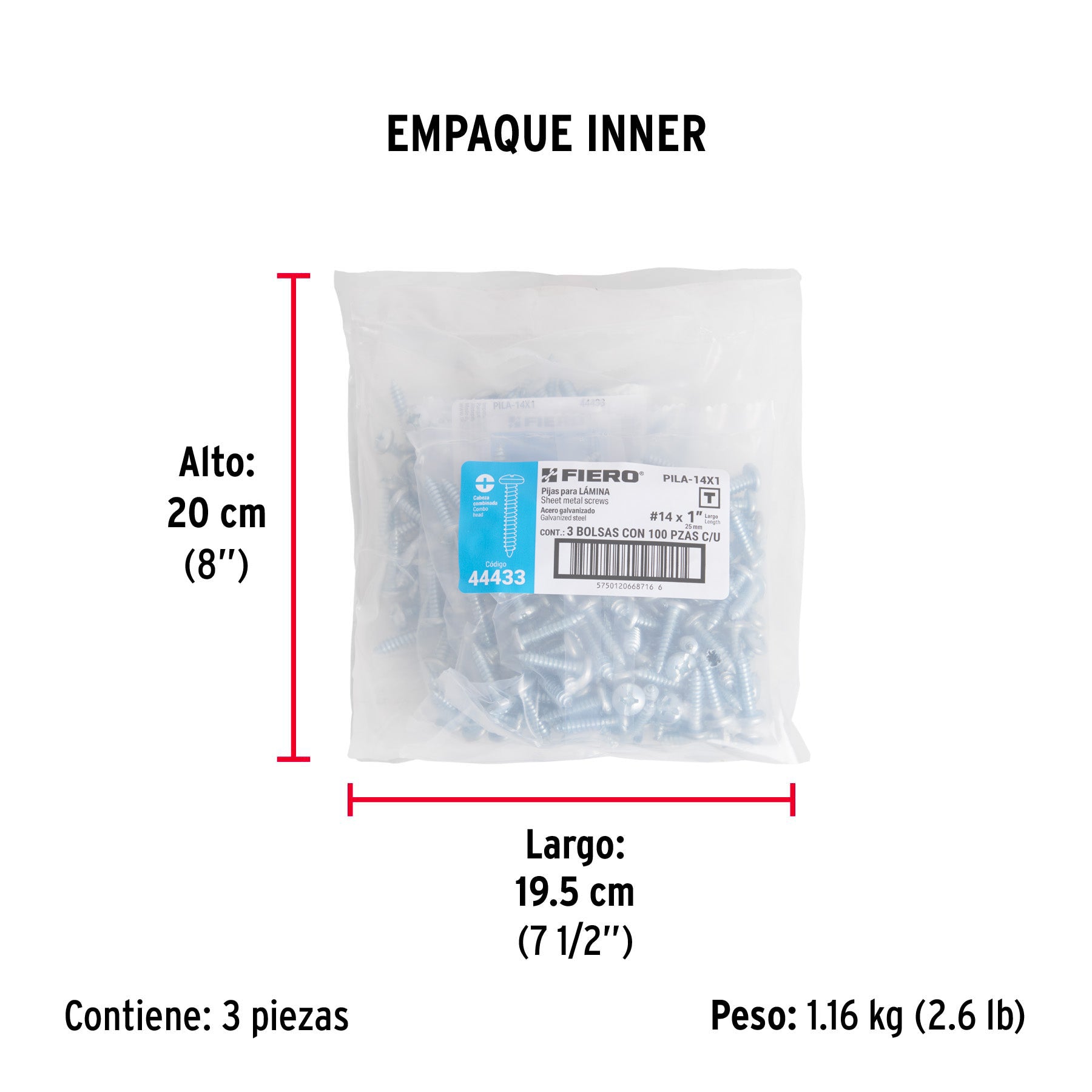 Bolsa con 100 pijas para lámina, #14 x 1", FIERO - Empaque