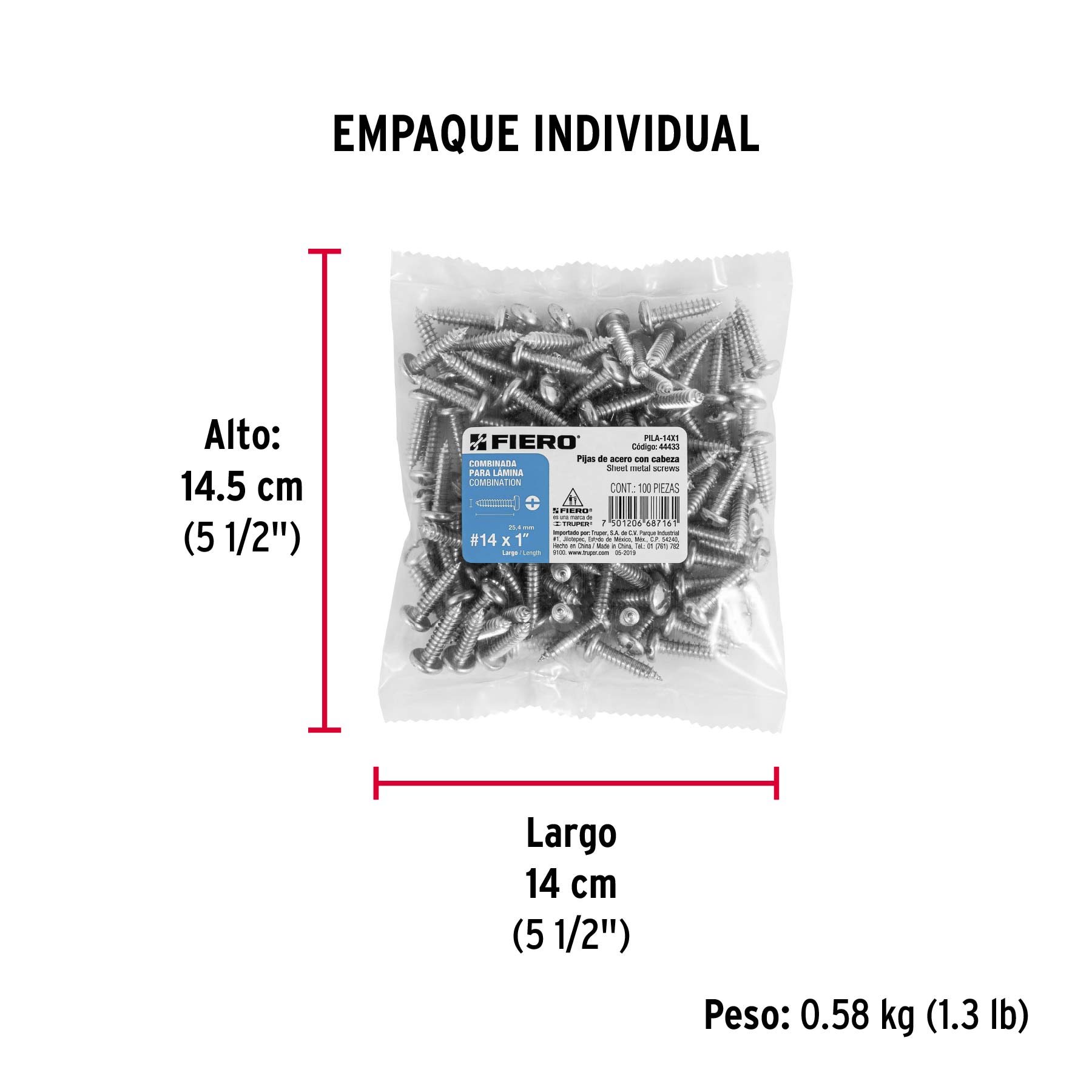 Bolsa con 100 pijas para lámina, #14 x 1", FIERO - Empaque