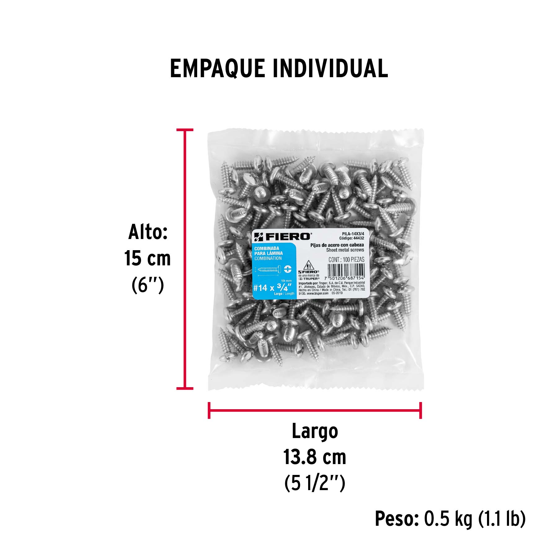 Bolsa con 100 pijas para lámina, #14 x 3/4", FIERO - Empaque