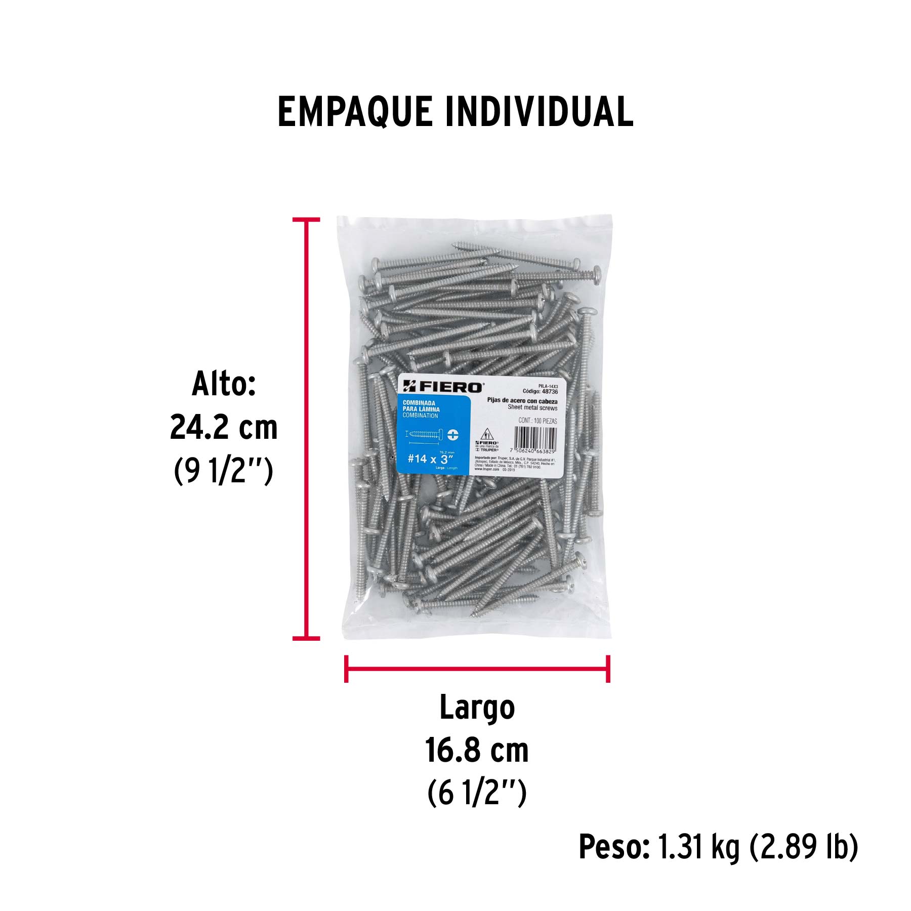Bolsa con 100 pijas para lámina, #14 x 3", FIERO - Empaque