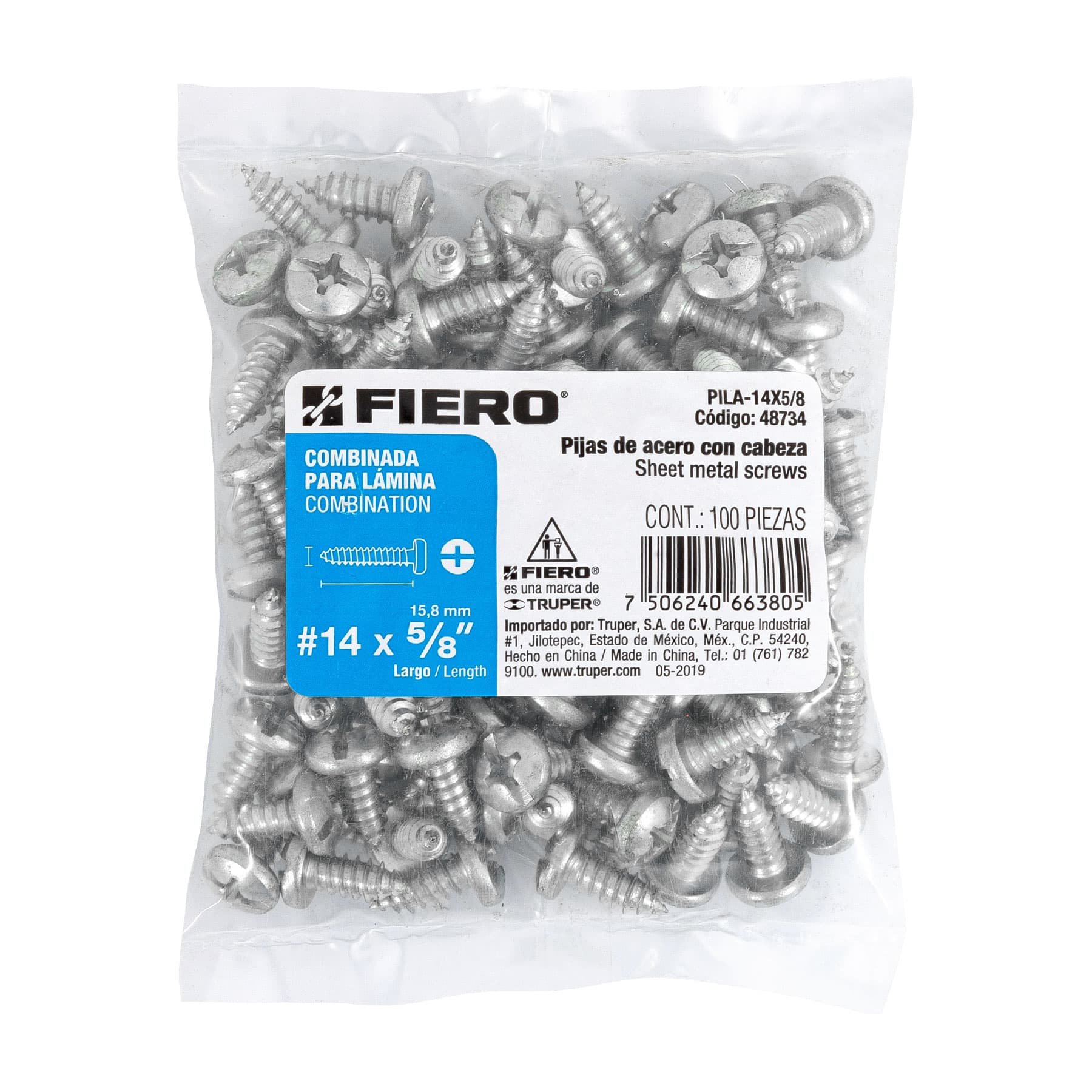Bolsa con 100 pijas para lámina, #14 x 5/8", FIERO