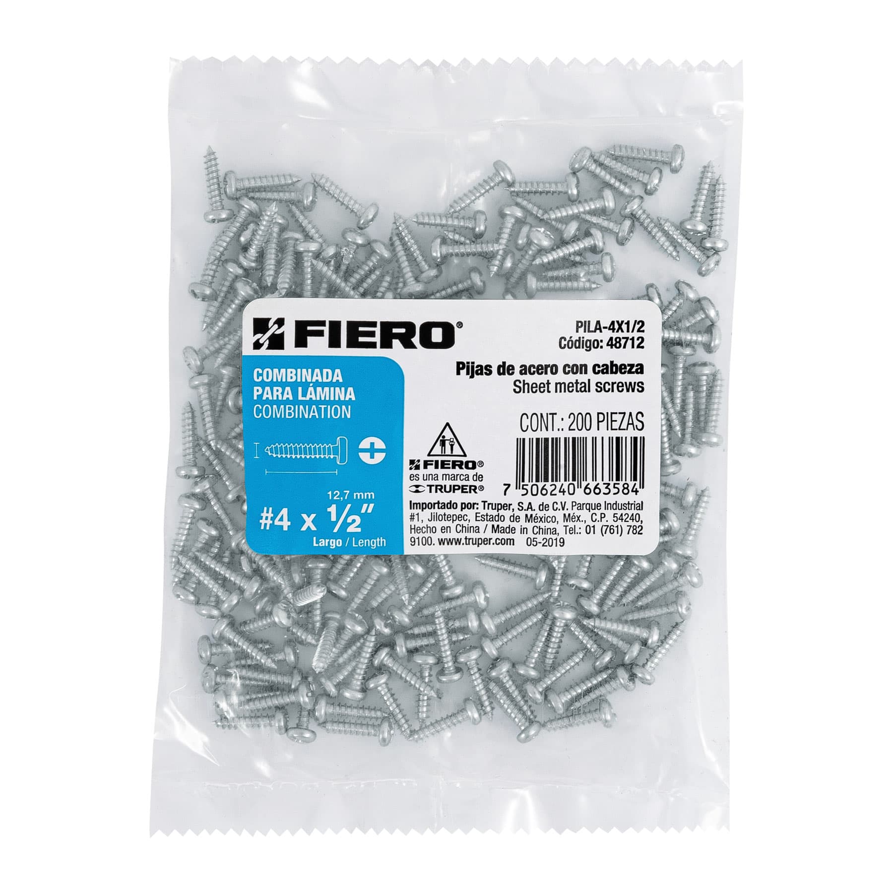 Bolsa con 200 pijas para lámina, #4 x 1/2", FIERO