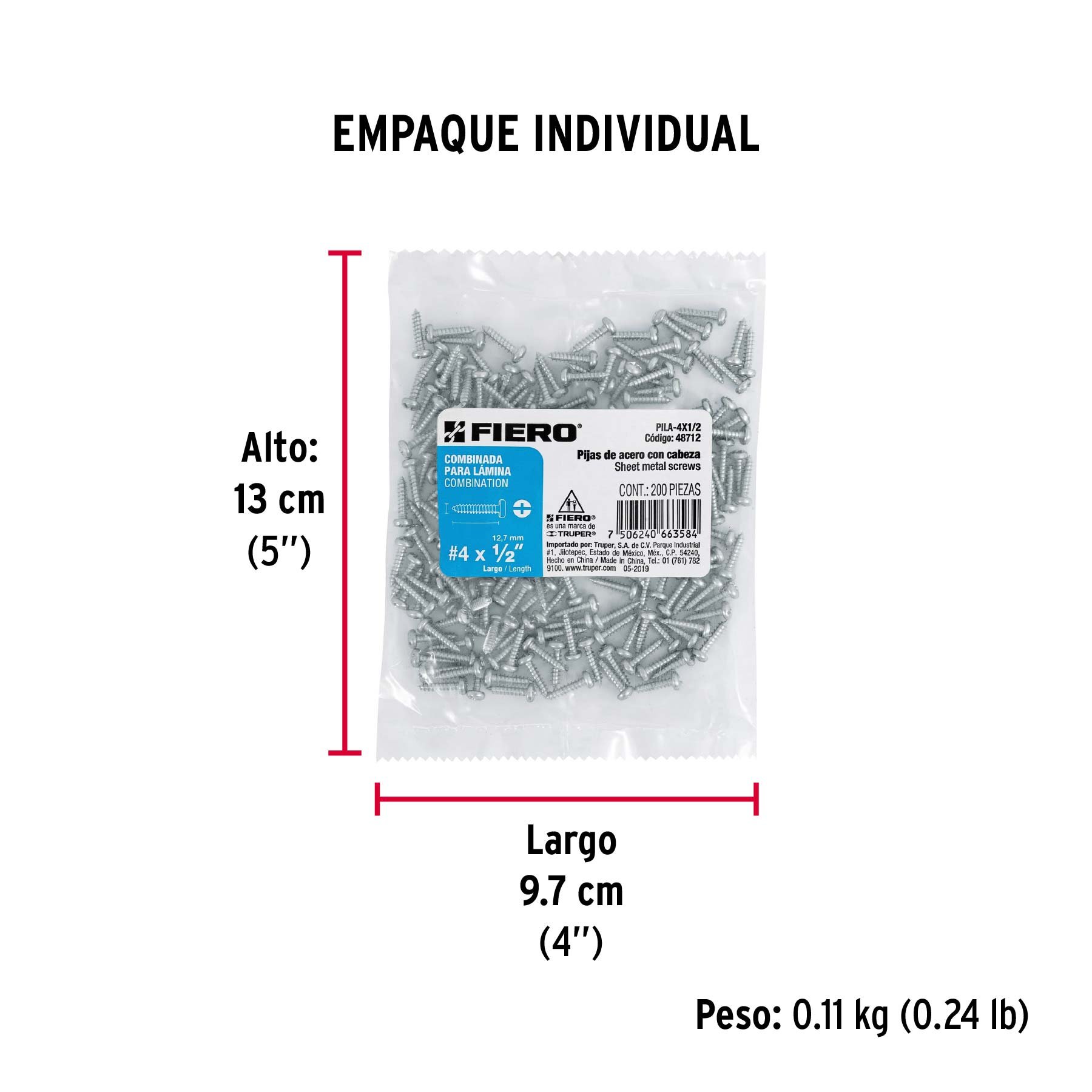 Bolsa con 200 pijas para lámina, #4 x 1/2", FIERO - Empaque