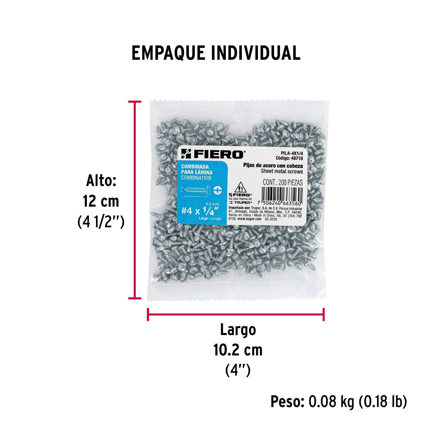 Bolsa con 200 pijas para lámina, #4 x 1/4", FIERO - Empaque