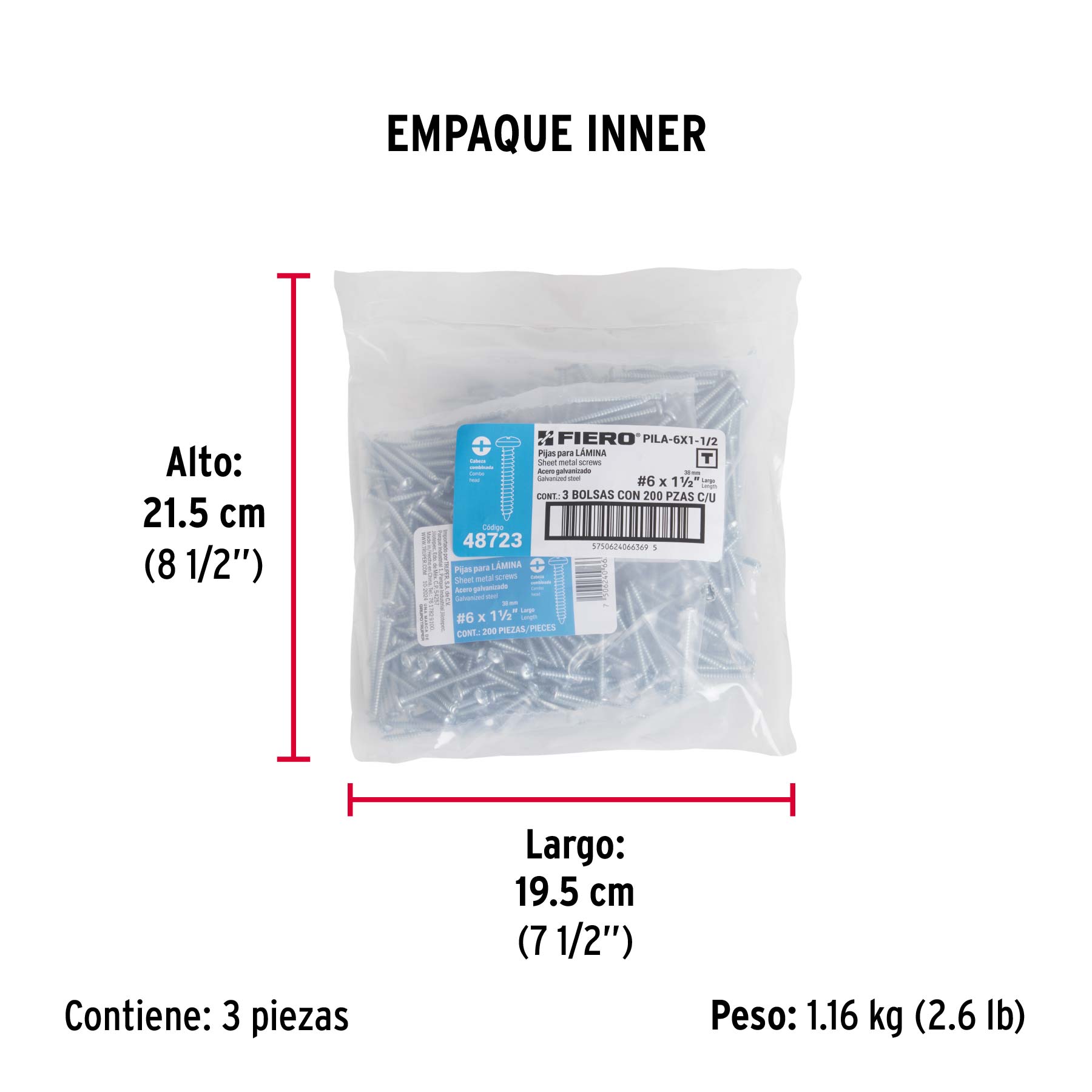 Bolsa con 200 pijas para lámina, #6 x 1-1/2", FIERO - Empaque