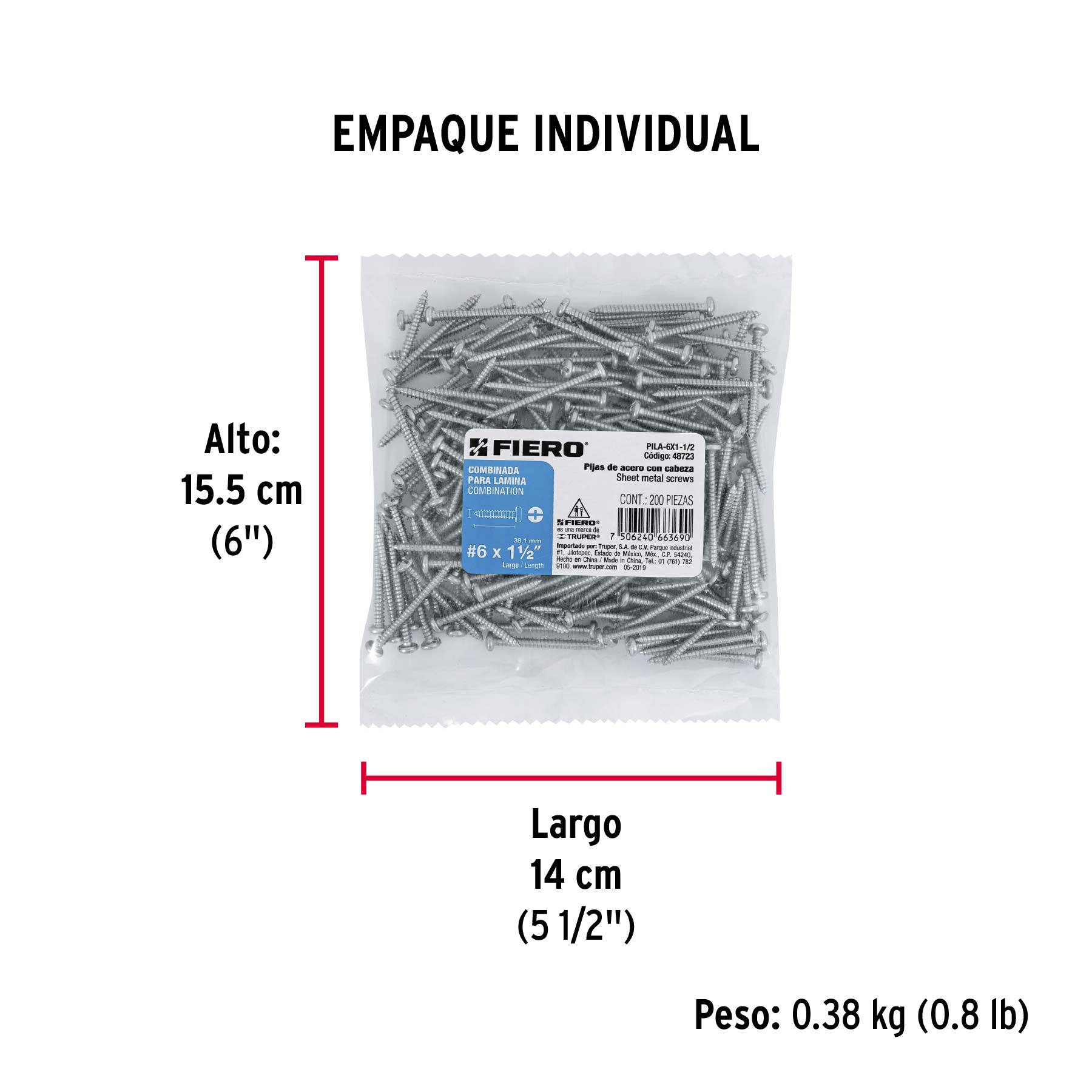 Bolsa con 200 pijas para lámina, #6 x 1-1/2", FIERO - Empaque
