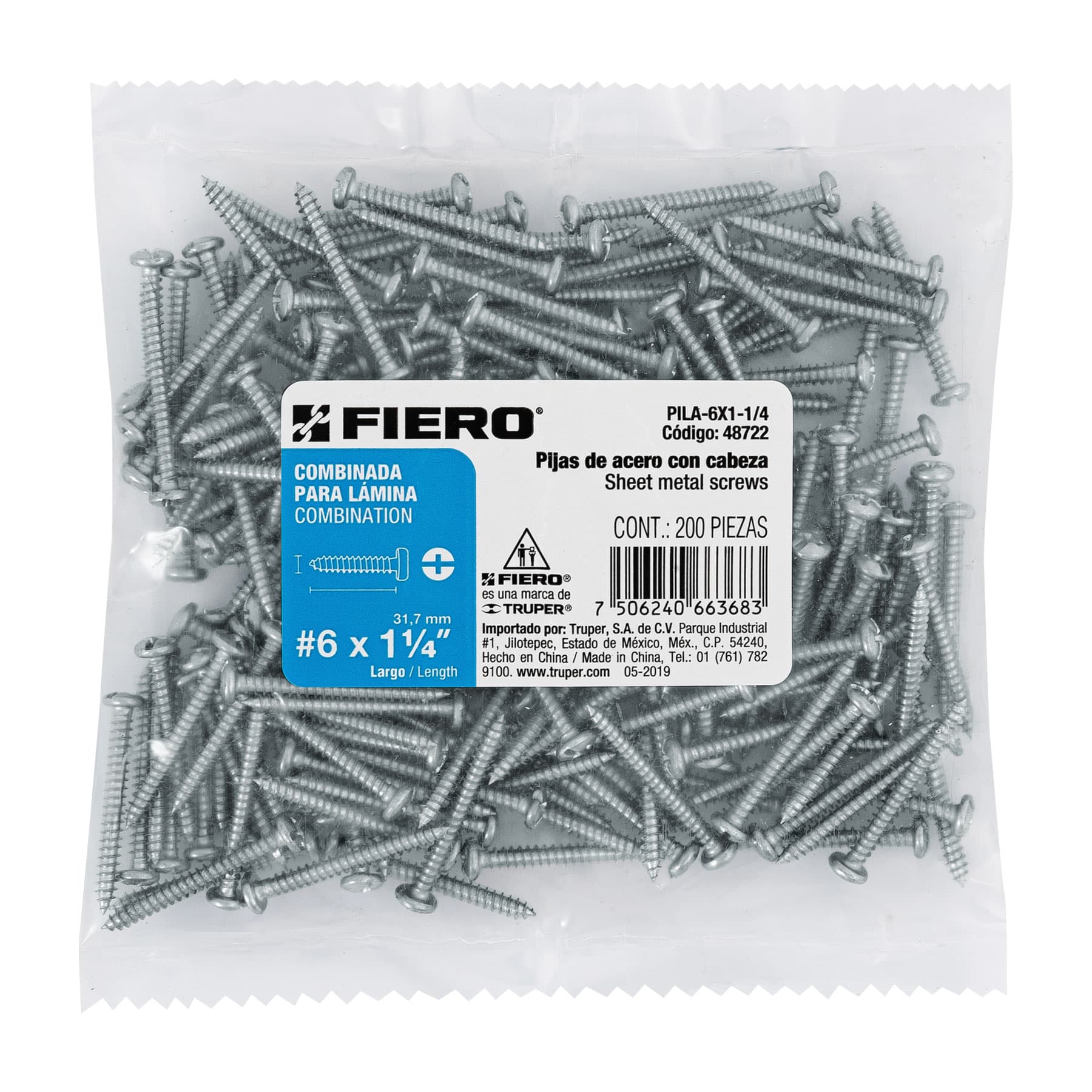 Bolsa con 200 pijas para lámina, #6 x 1-1/4", FIERO