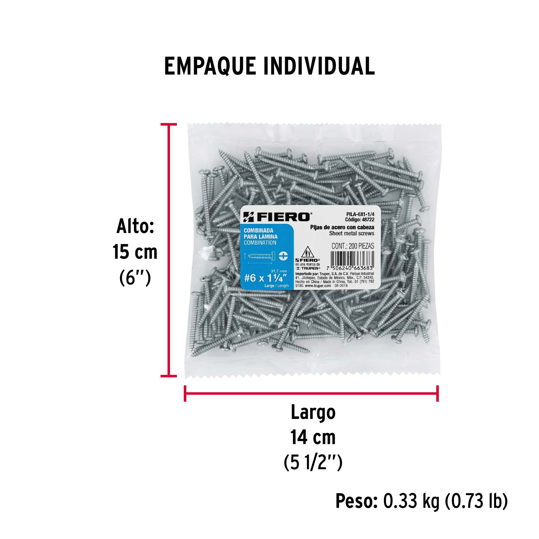 Bolsa con 200 pijas para lámina, #6 x 1-1/4", FIERO - Empaque