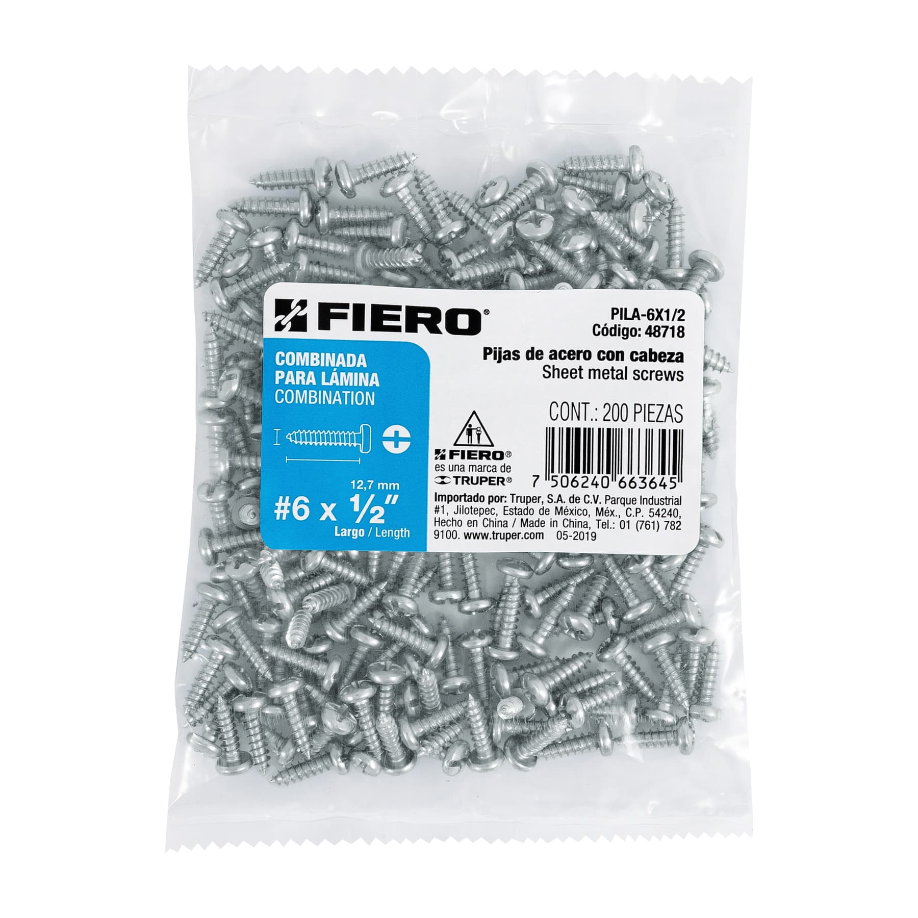 Bolsa con 200 pijas para lámina, #6 x 1/2", FIERO