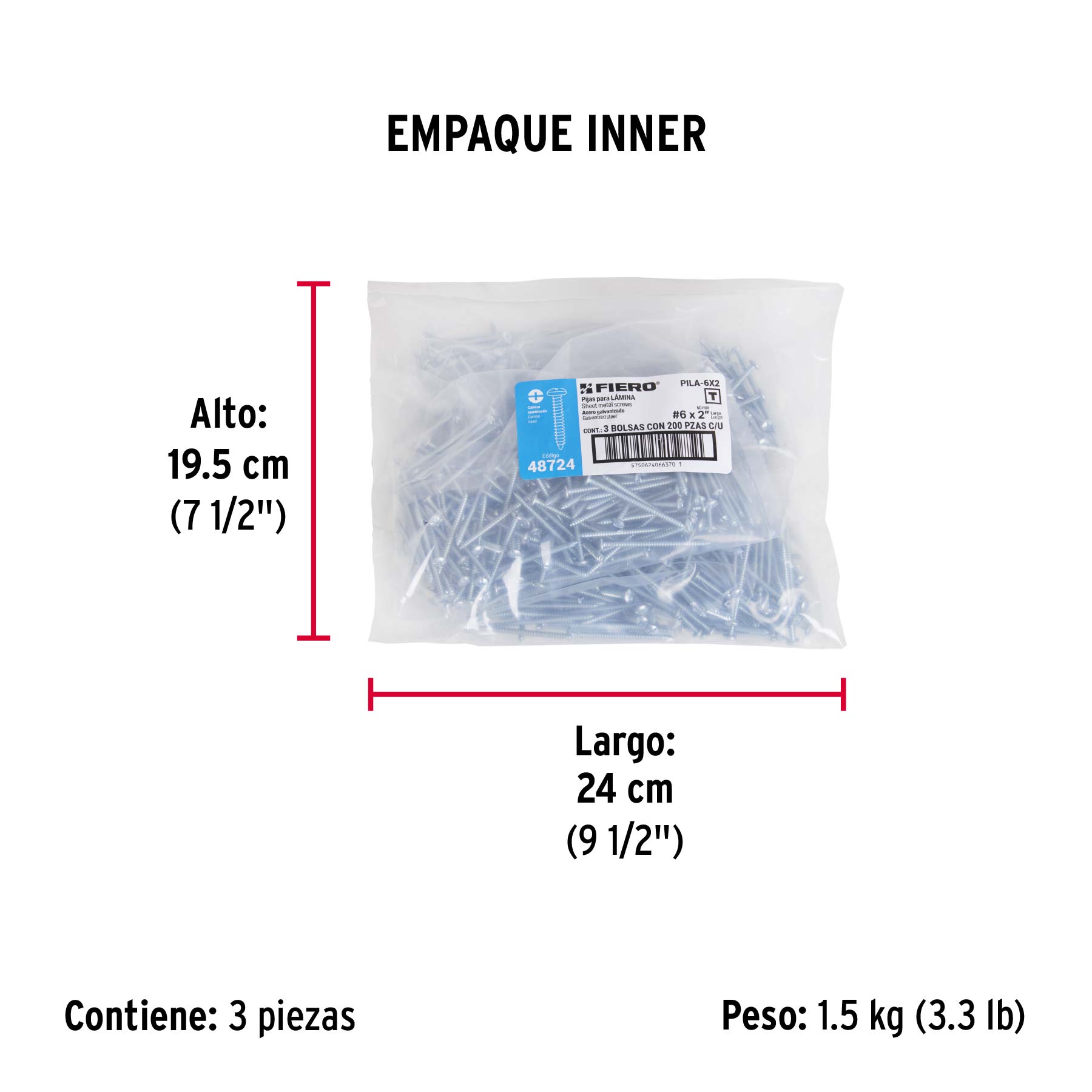 Bolsa con 200 pijas para lámina, #6 x 2", FIERO - Empaque