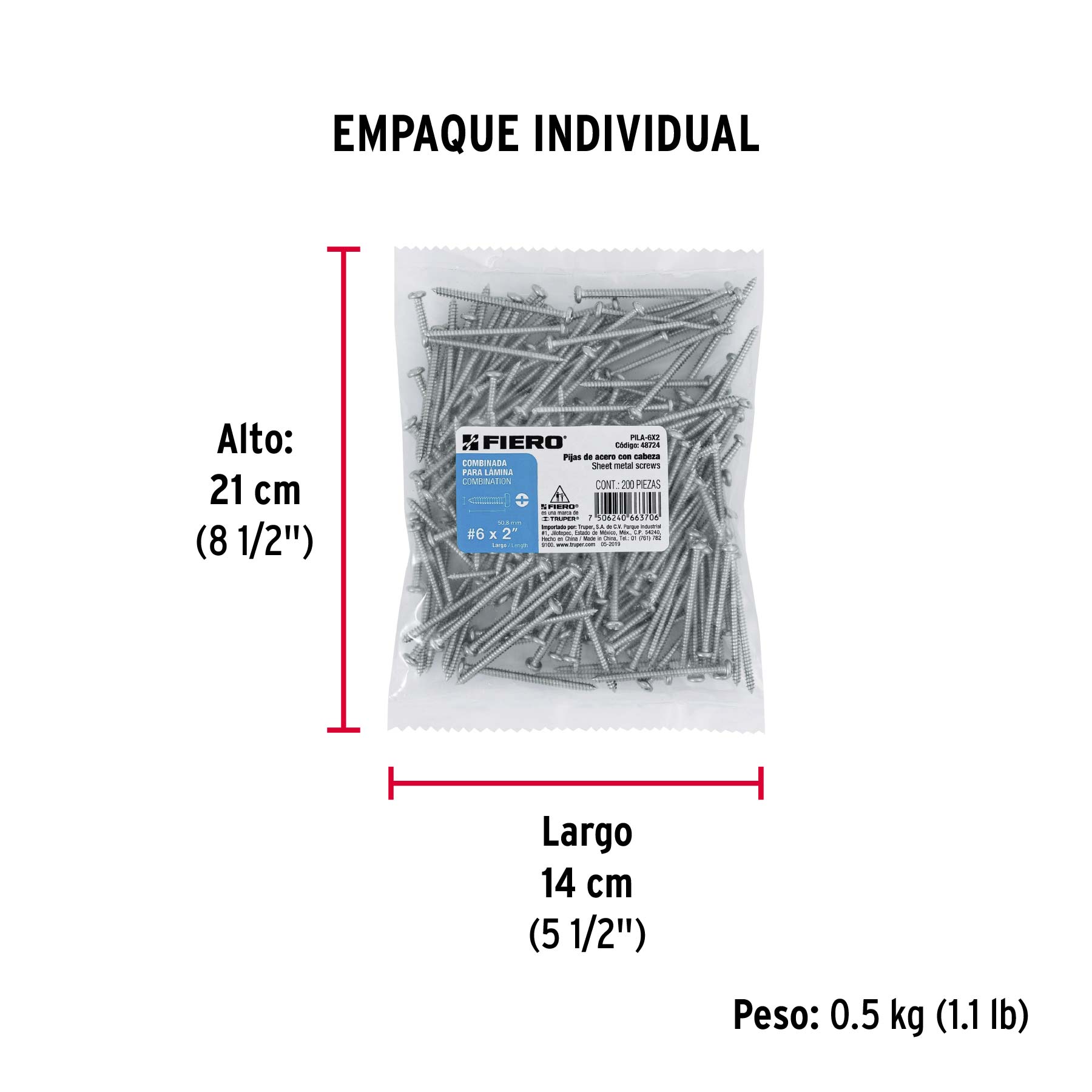 Bolsa con 200 pijas para lámina, #6 x 2", FIERO - Empaque