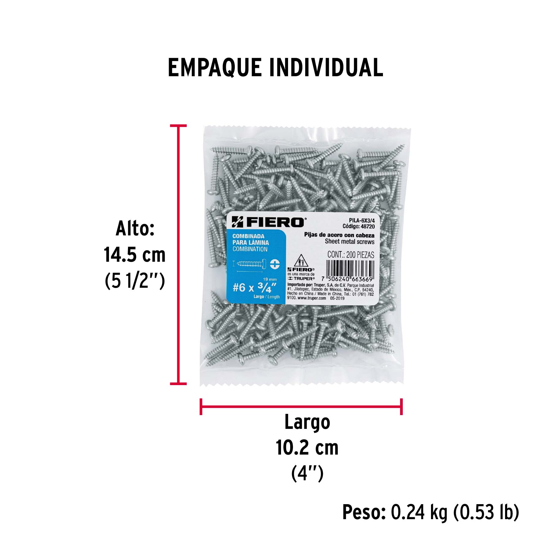 Bolsa con 200 pijas para lámina, #6 x 3/4", FIERO - Empaque