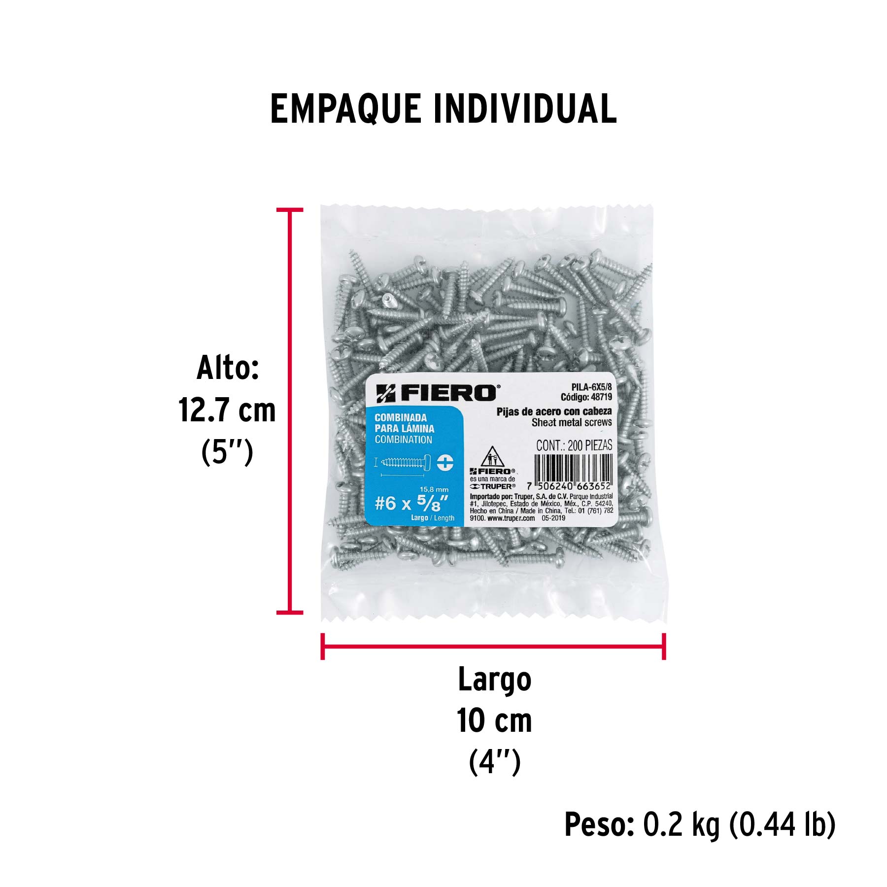 Bolsa con 200 pijas para lámina, #6 x 5/8", FIERO - Empaque