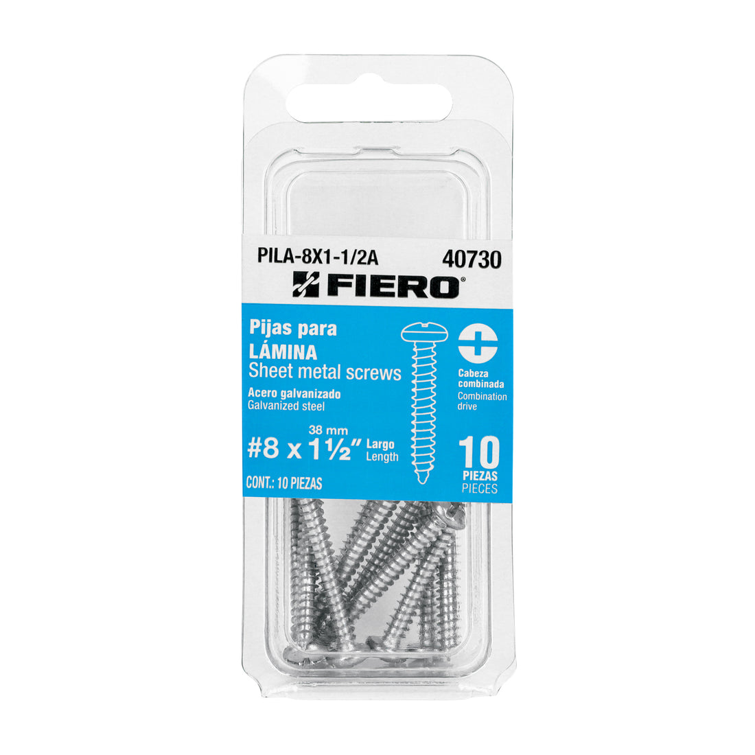 Blíster con 10 pijas para lámina, #8 x 1-1/2", FIERO