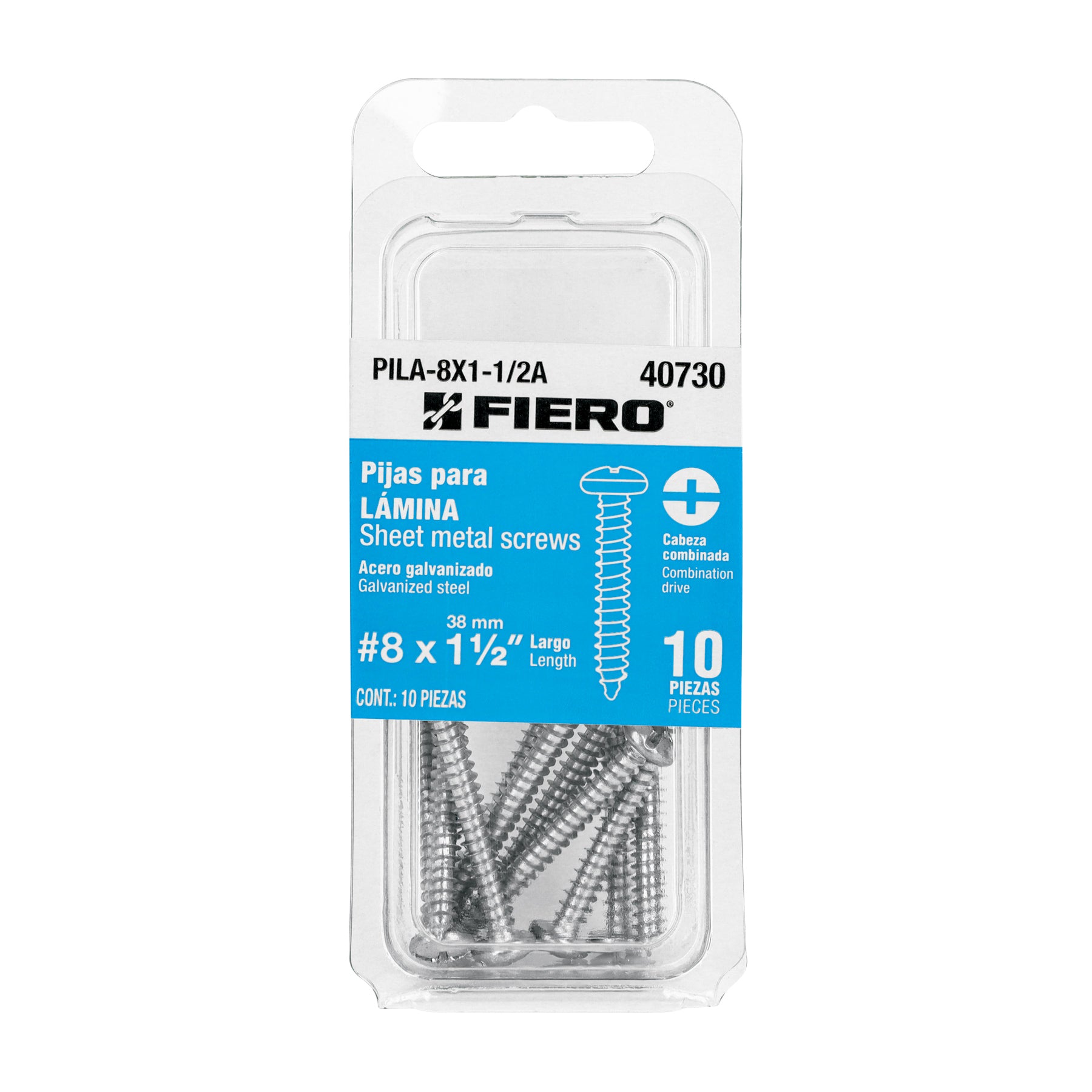 Blíster con 10 pijas para lámina, #8 x 1-1/2", FIERO