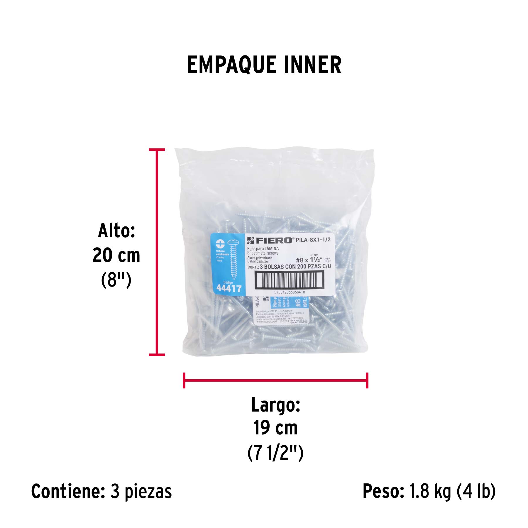 Bolsa con 200 pijas para lámina, #8 x 1-1/2", FIERO - Empaque
