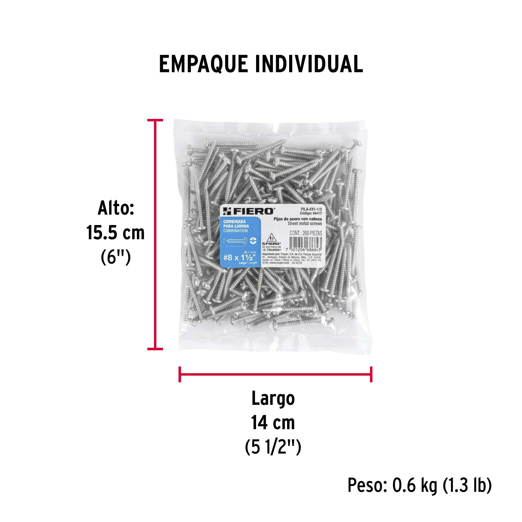 Bolsa con 200 pijas para lámina, #8 x 1-1/2", FIERO - Empaque