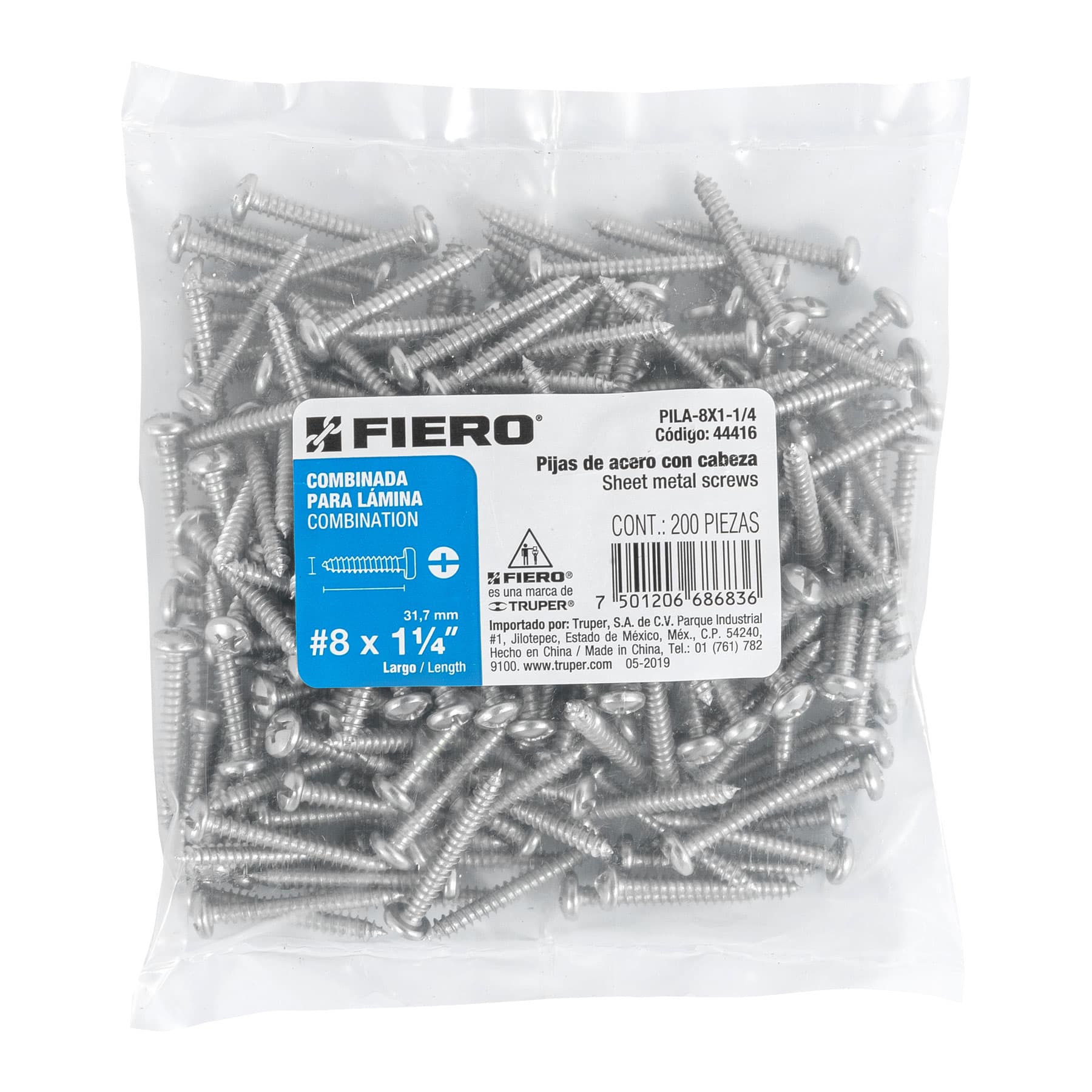 Bolsa con 200 pijas para lámina, #8 x 1-1/4", FIERO