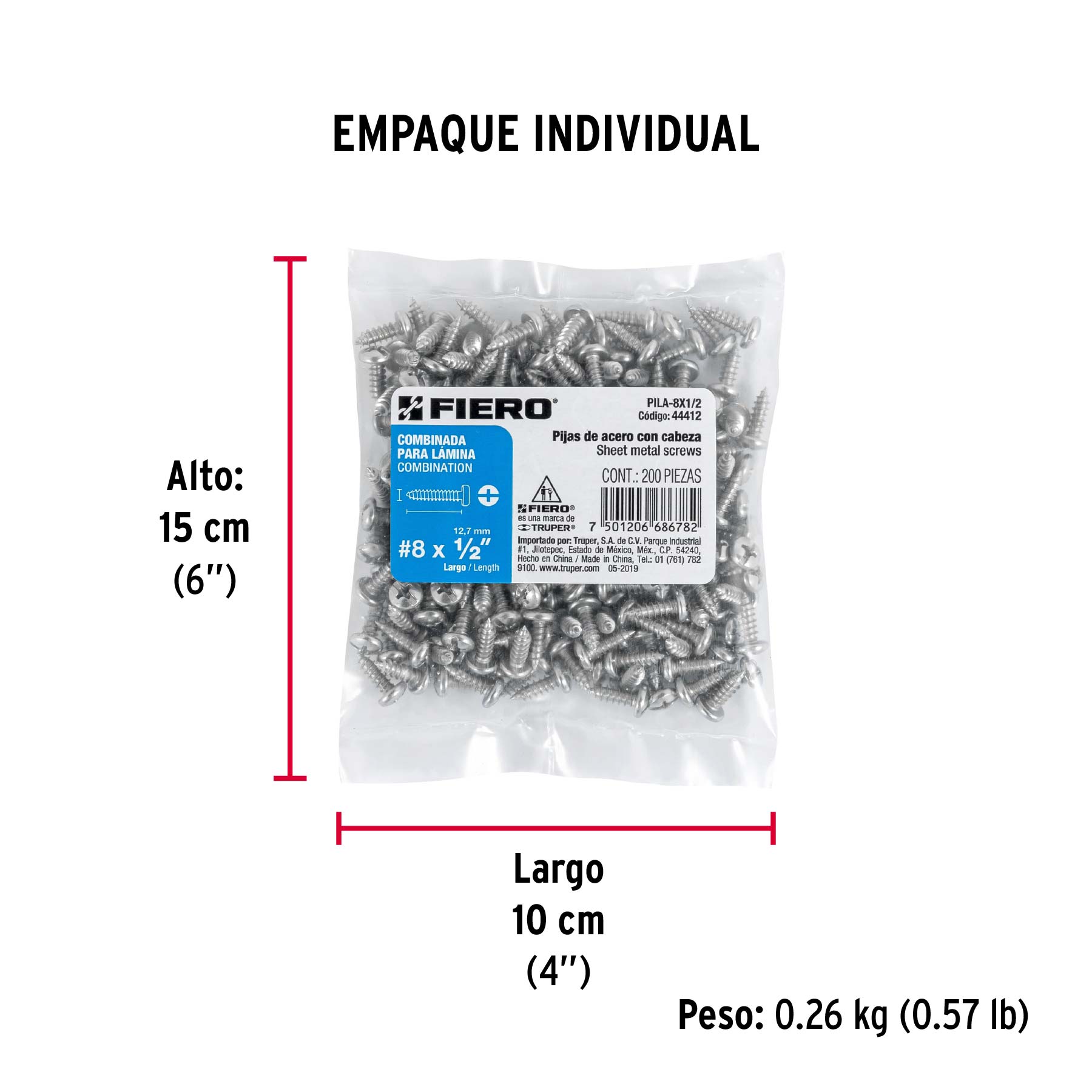 Bolsa con 200 pijas para lámina, #8 x 1/2", FIERO - Empaque