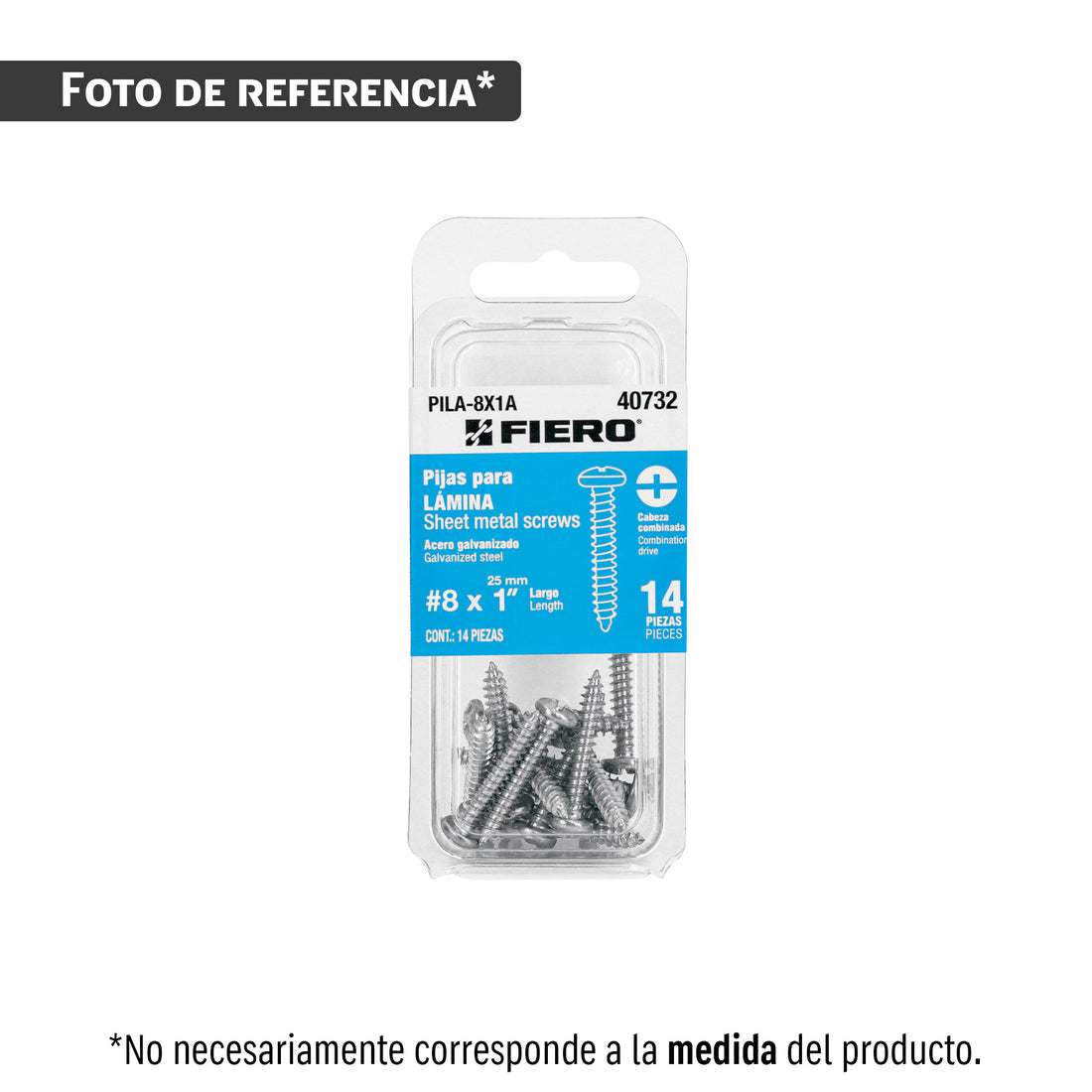 Blíster con 8 pijas para lámina, #8 x 2", FIERO