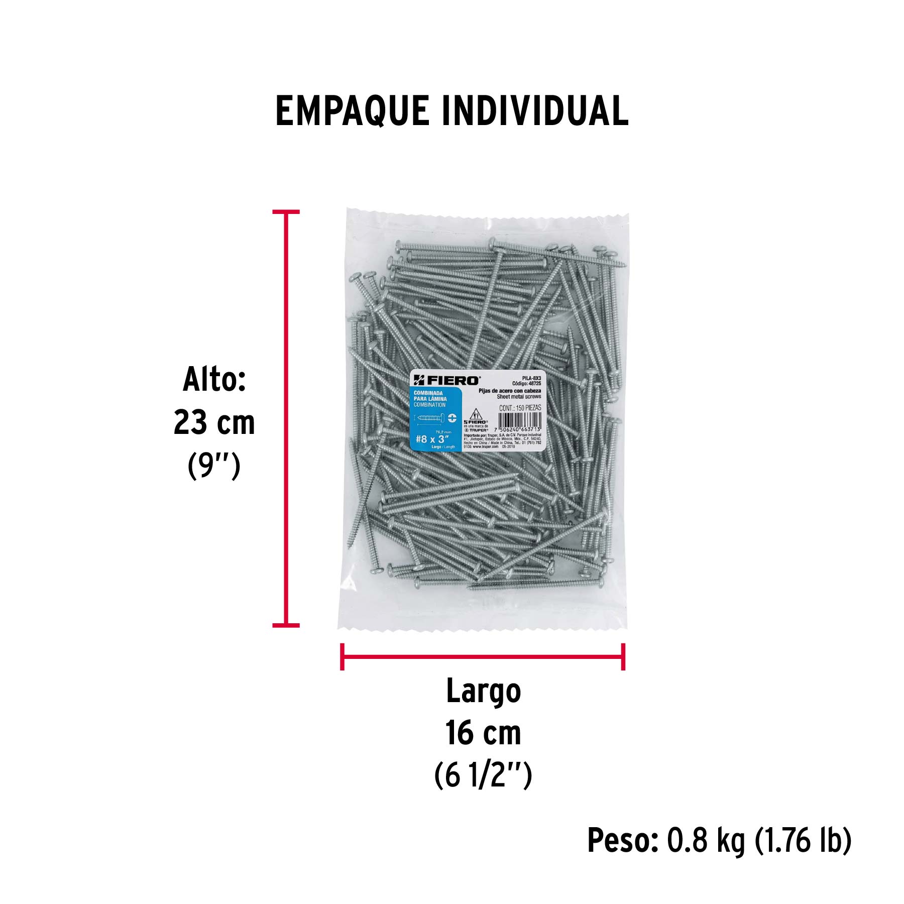 Bolsa con 150 pijas para lámina, #8 x 3", FIERO - Empaque