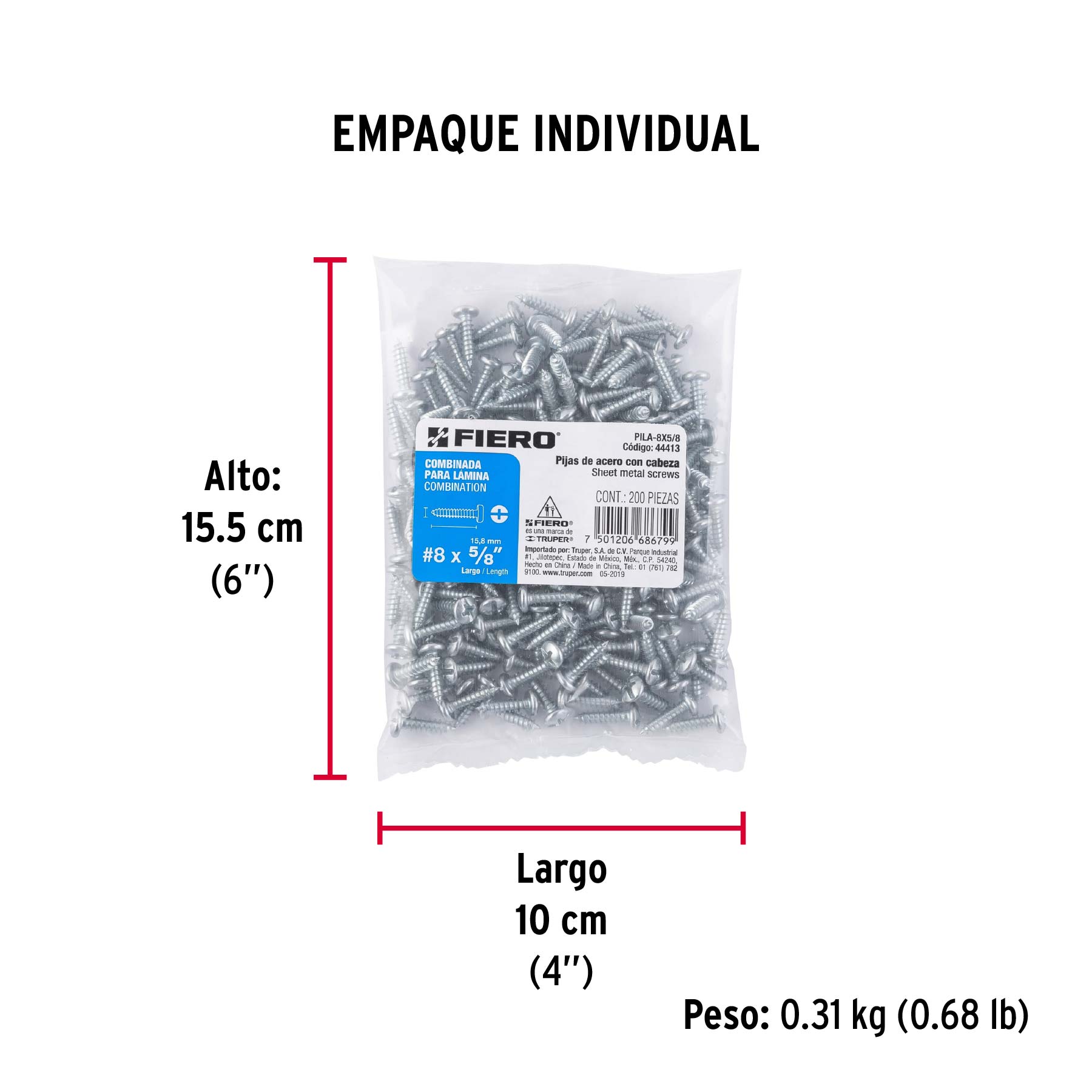 Bolsa con 200 pijas para lámina, #8 x 5/8", FIERO - Empaque