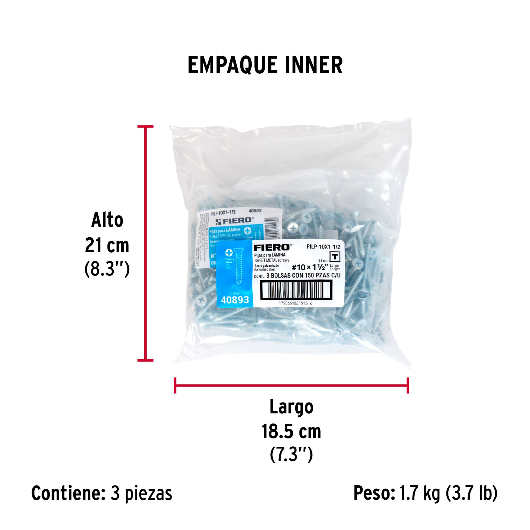 Bolsa 150 pijas para lámina cabeza plana #10 x 1-1/2", FIERO - Empaque
